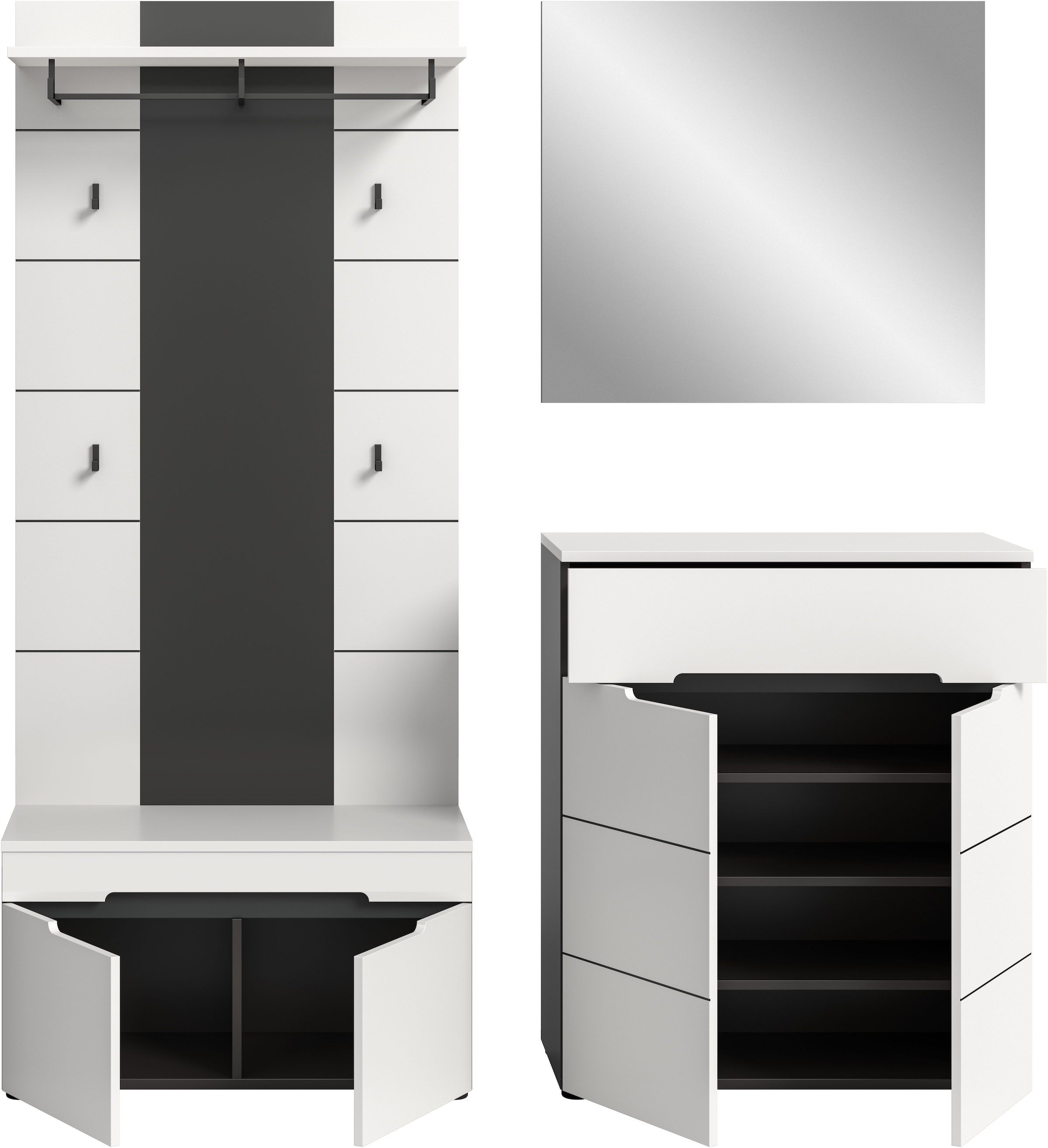 INOSIGN Garderoben-Set, (Set, 4 St., bestehend aus: Sitzbank, Paneel, Spiegel und Kommode), Garderobenkombination, Kombination, Set, Flurgarderobe, Diele