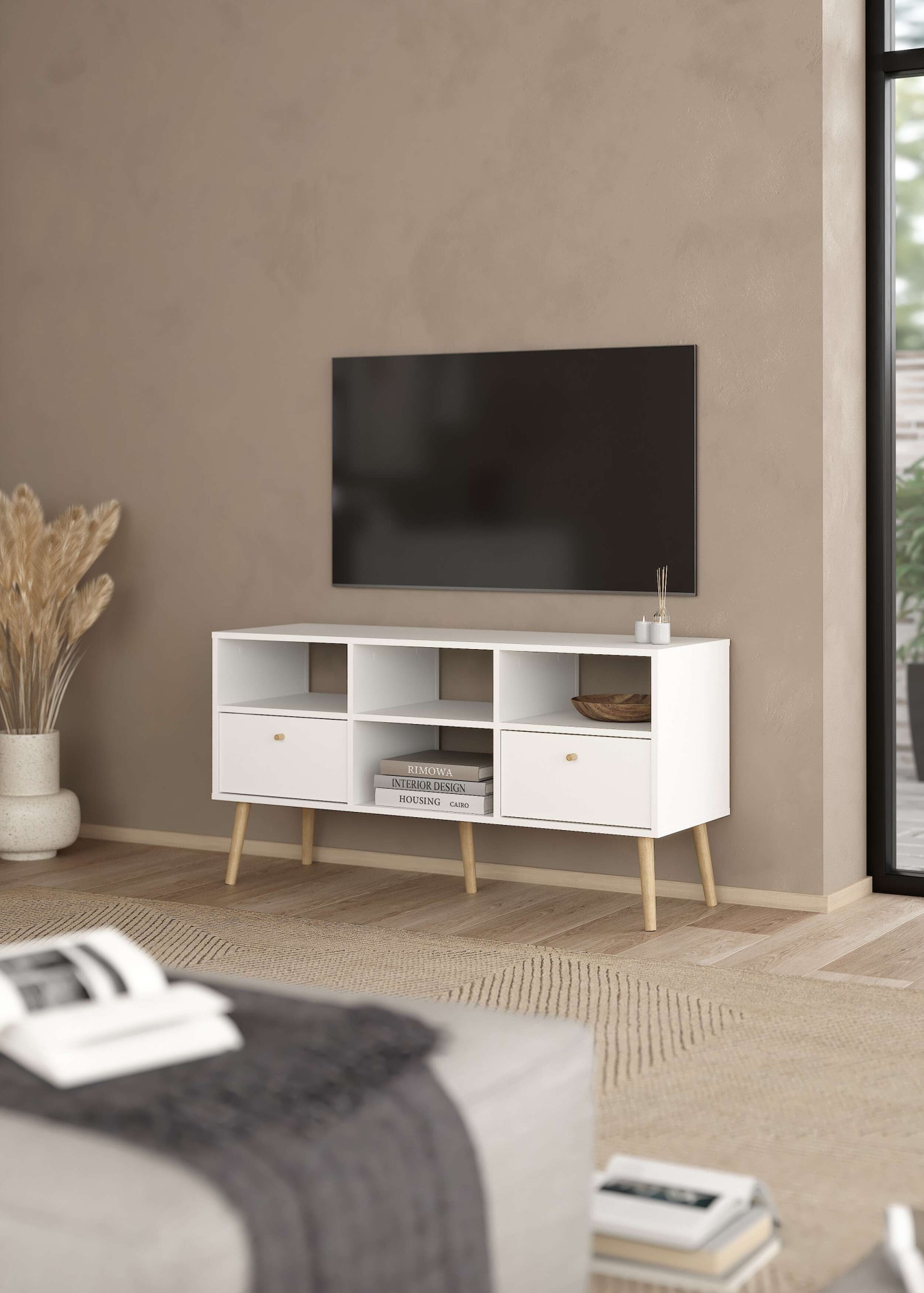 Home affaire TV-Board "Bodo TV-Möbel, TV-Unit, Mediamöbel, Regal" 2 Schubladen und 4 offene Fächer, Beine und Griffe aus Massivholz
