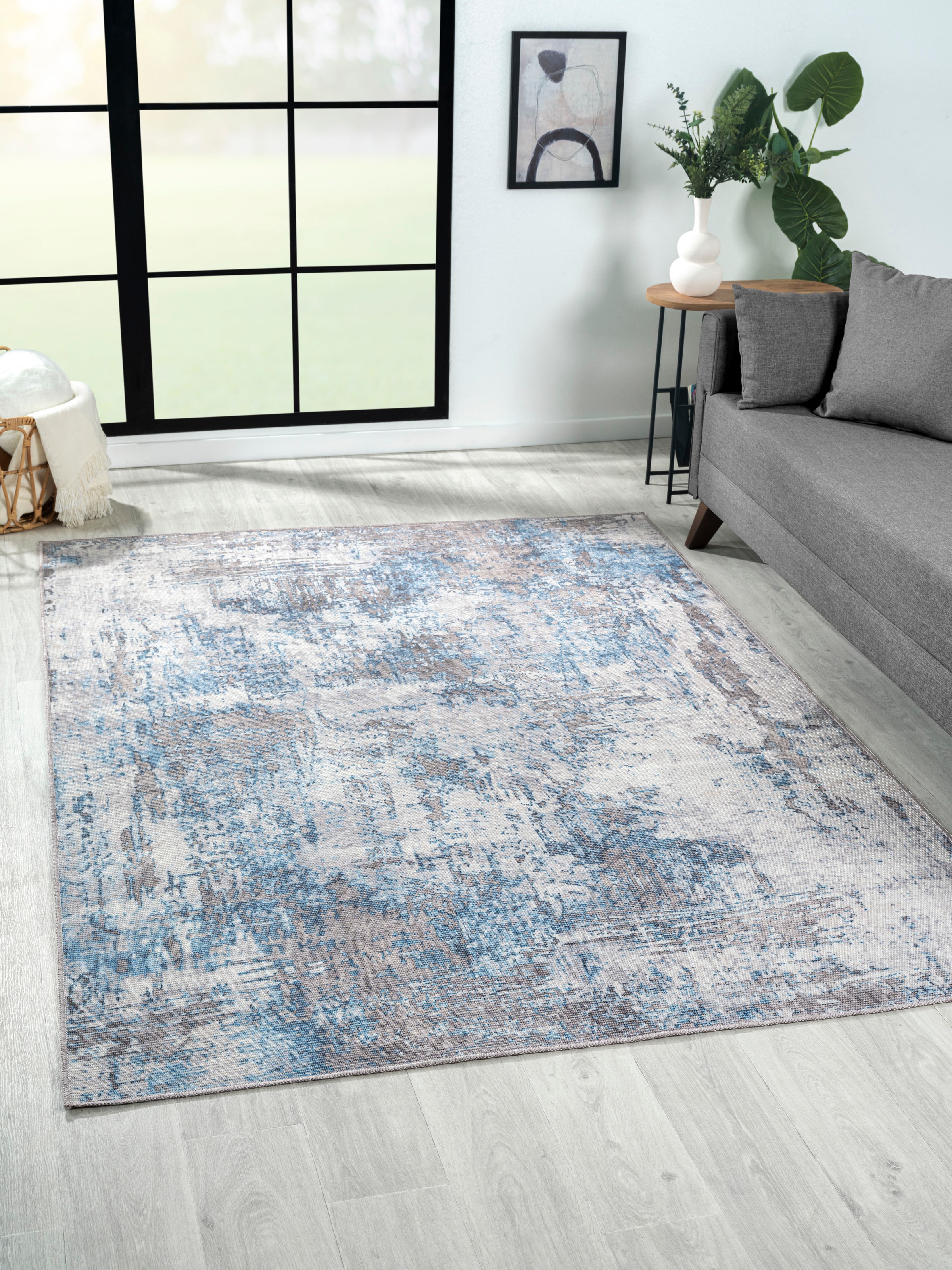 Teppich "Avery", grau (grau, blau), B:160cm H:10mm L:230cm, Polyester, MYFLAIR MÖBEL & ACCESSOIRES, Teppiche, Teppich, Kurzflor, modernes Design, waschbar, In- und Outdoor geeignet