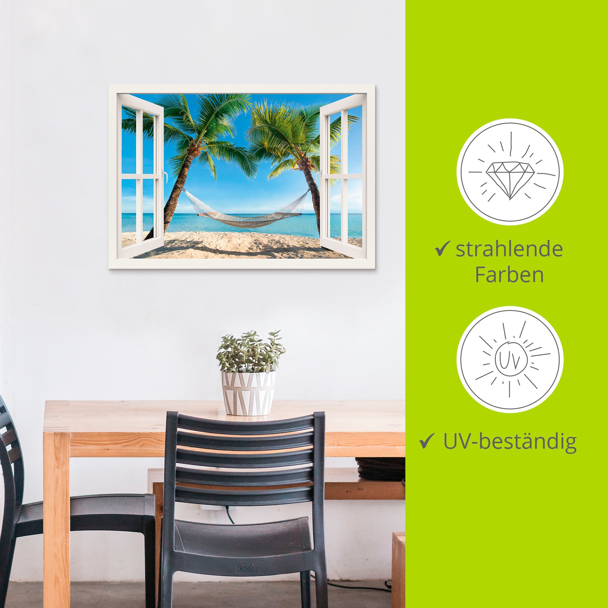 Artland Wandbild »Fensterblick Palmenstrand Karibik«, Amerika, (1 St.), als Alubild, Outdoorbild, Leinwandbild, Poster, Wandaufkleber