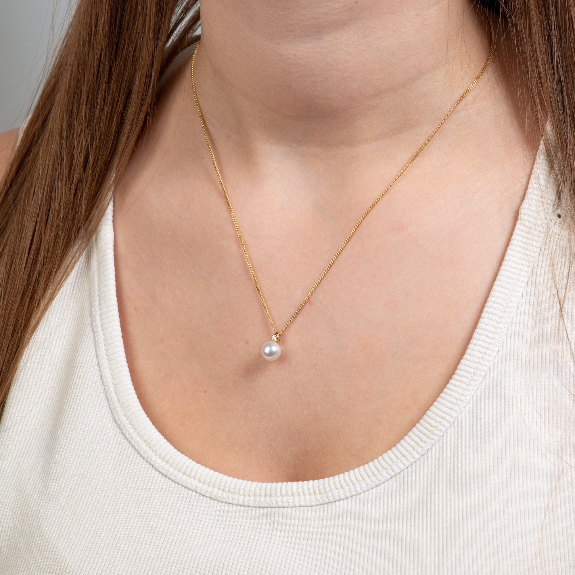 Kette mit Anhänger OROLINO "585 Gold mit Brillant 0,03ct. + Perle weiß 7-7,5mm", gelb, Halsketten, Damen, 42/45cm, 0,03, Gold, L: 45 B: 7,4mm, glänzend, B:7,4mm 2