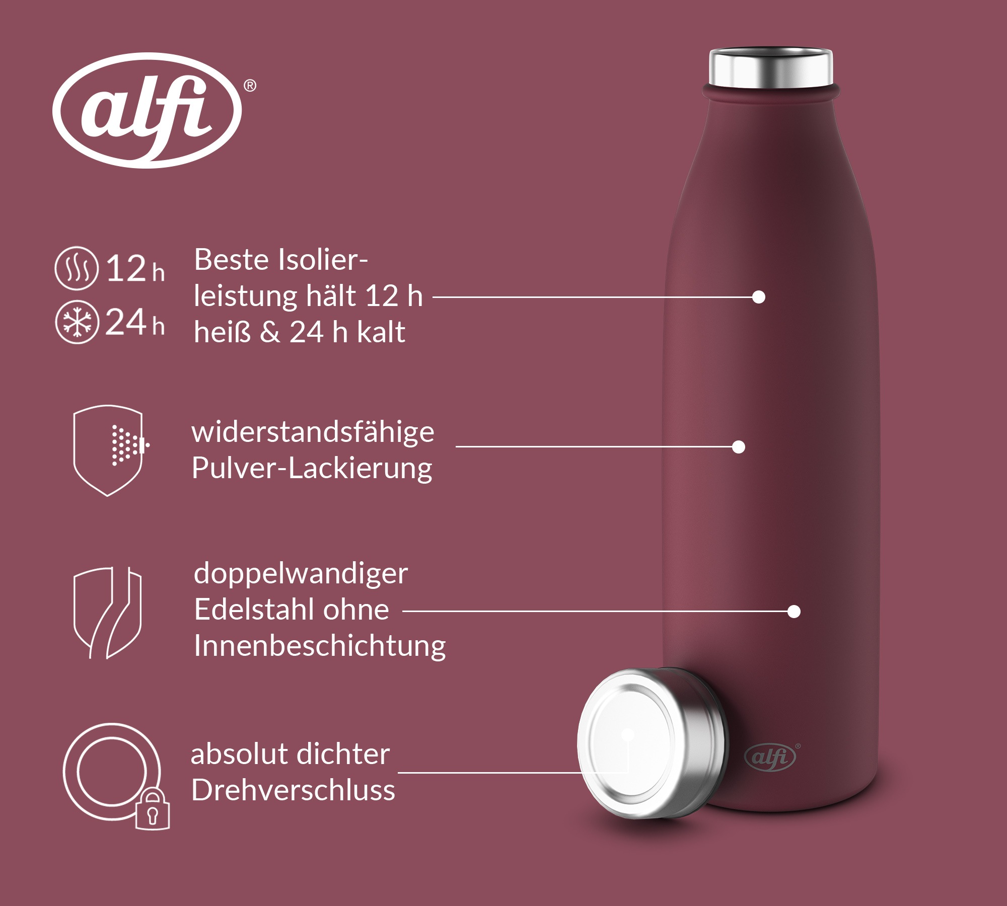 Alfi Isolierflasche »PURE BOTTLE, aus doppelwandigem Edelstahl, spülmaschinenfest« 0,50l, 24h kalt, Pulverbeschichtung, absolut dicht bei Kohlensäure