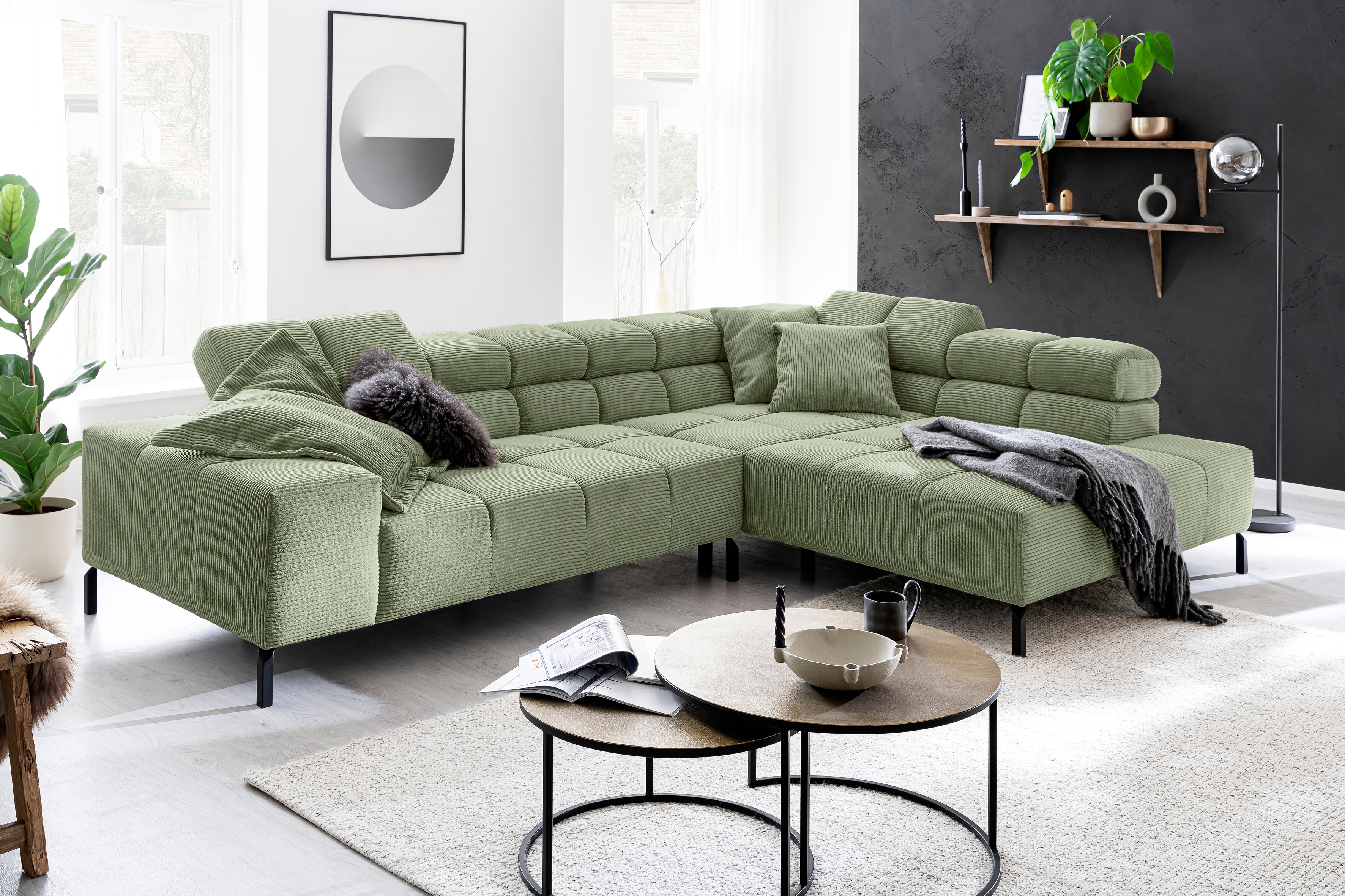 Home affaire Ecksofa "Ancona New, wahlweise motorische Sitztiefenverstellung, auch in Cord" feine Steppung, mit Kopfteilverstellung, 3 Zierkissen, L-Form