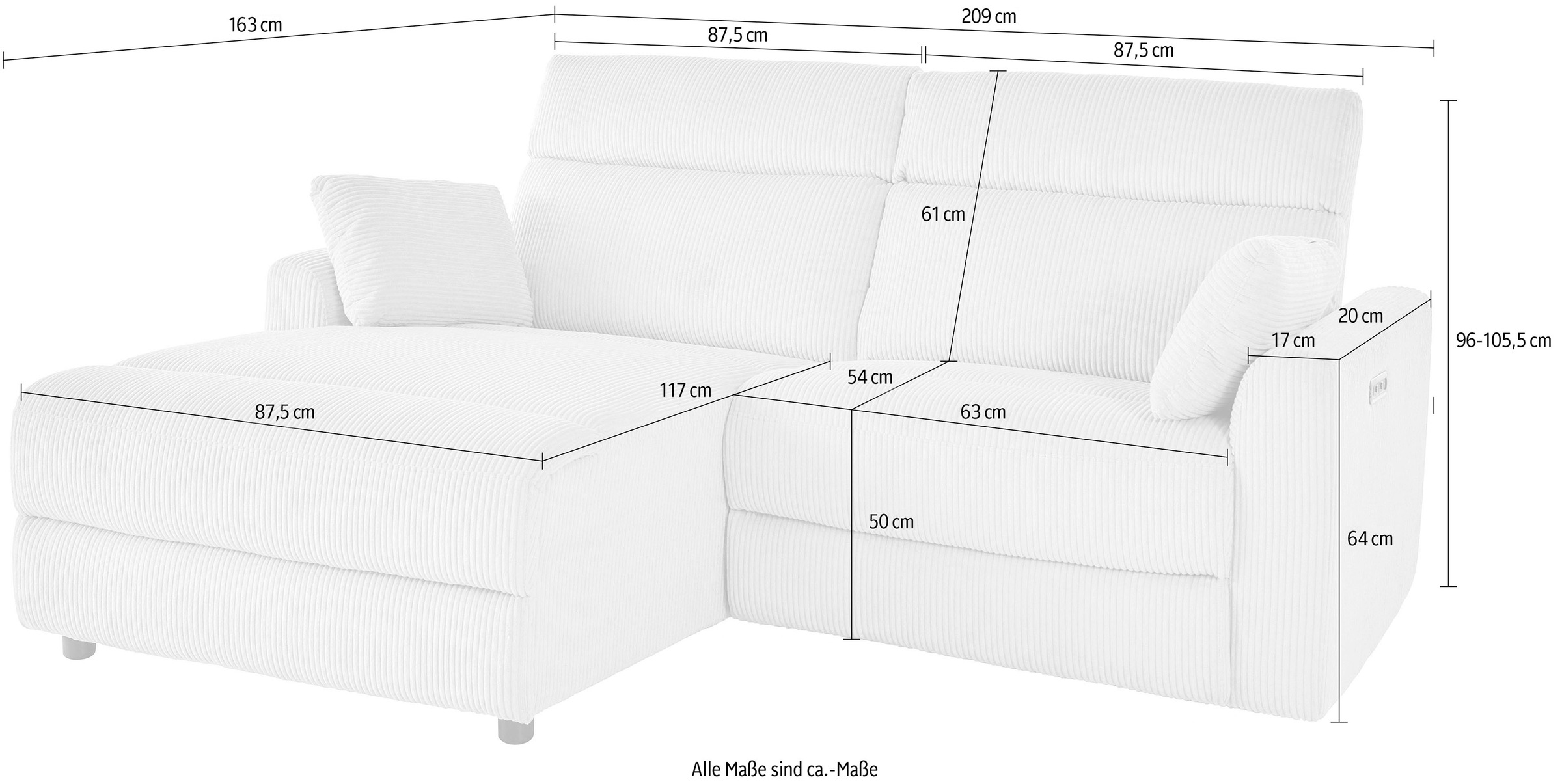 INOSIGN Ecksofa »JENNA, L-Form, 209cm, manuelle u. elektrische Funktion, mit USB A/C,«, Liegefunktion 105°-150°, Federkern, Cord