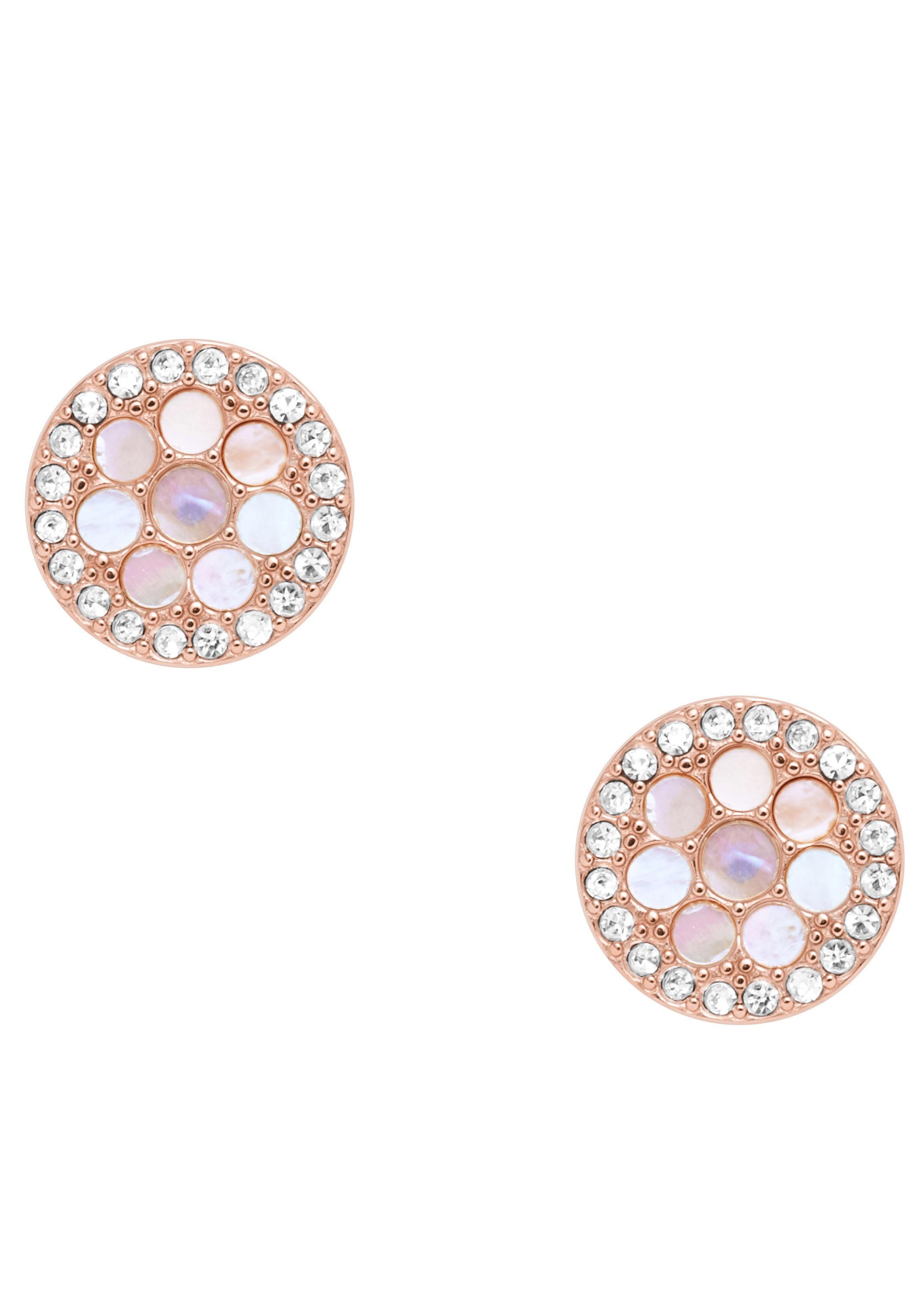 Paar Ohrstecker FOSSIL "Schmuck Geschenk Edelstahl Ohrringe SADIE", rosa (edelstahlfarben, roségoldfarben, rosa, kristallweiß, kristallweiß), Ohrringe, Damen, 10mm, Edelstahl, mit Glasstein - mit Perlmutt 2