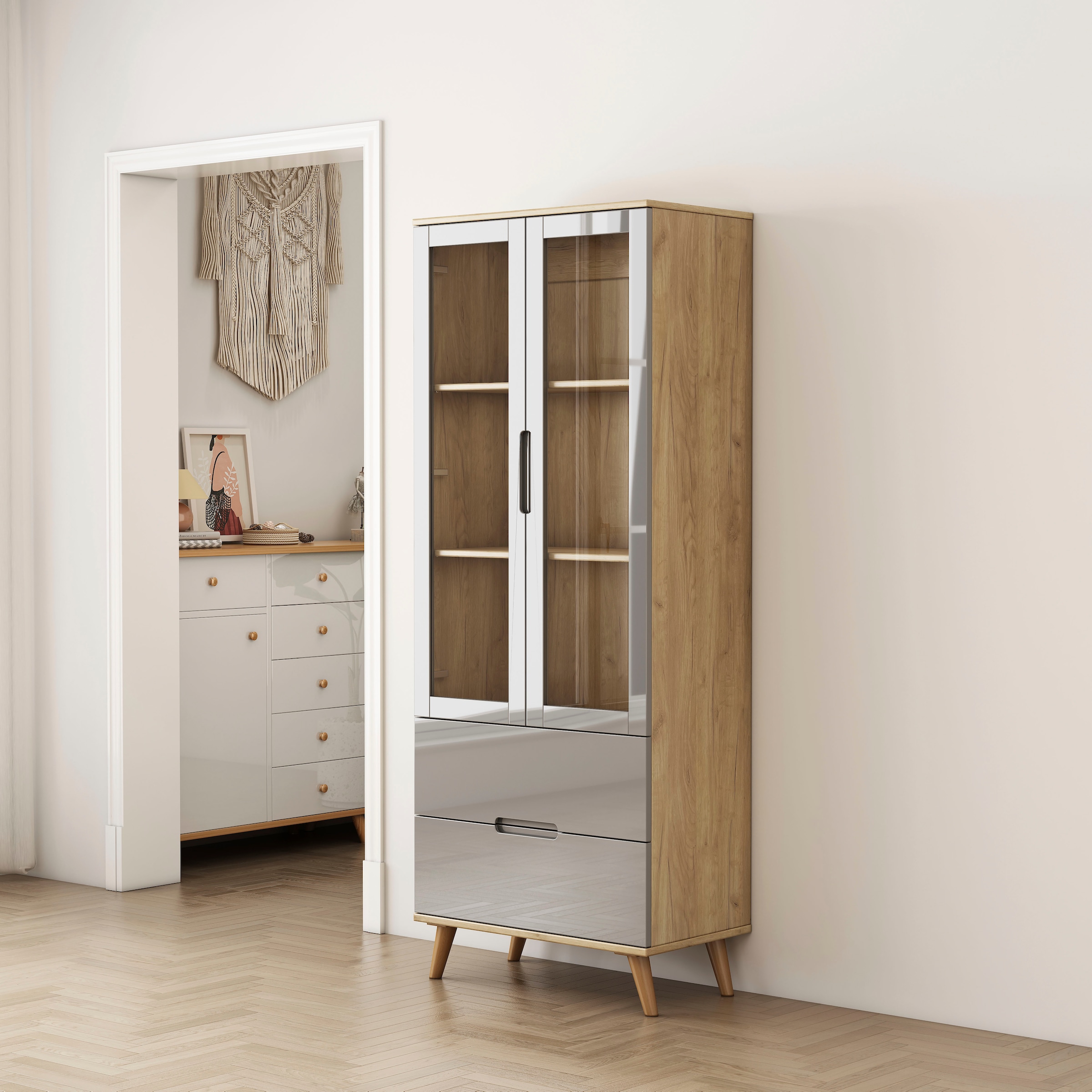 OTTO home Highboard »Lund« mit glänzenden Fronten, Glastüren, helles Holzdekor, Breite 70 cm