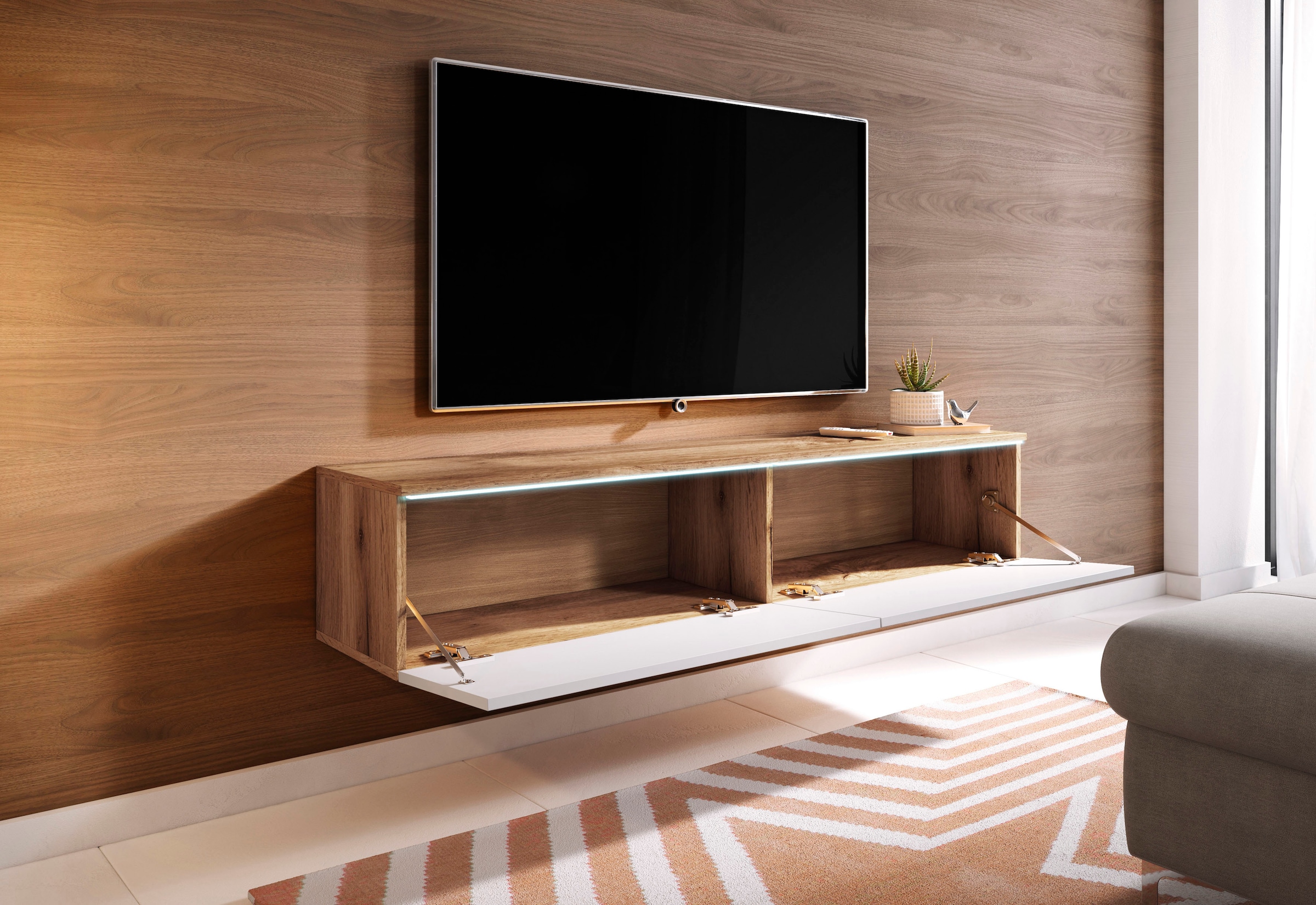 INOSIGN Lowboard »LOWBOARD D, wahlweise mit oder ohne Beleuchtung«, modernes TV-Board ohne Griffe, mit viel Stauraum,stehend und hängend