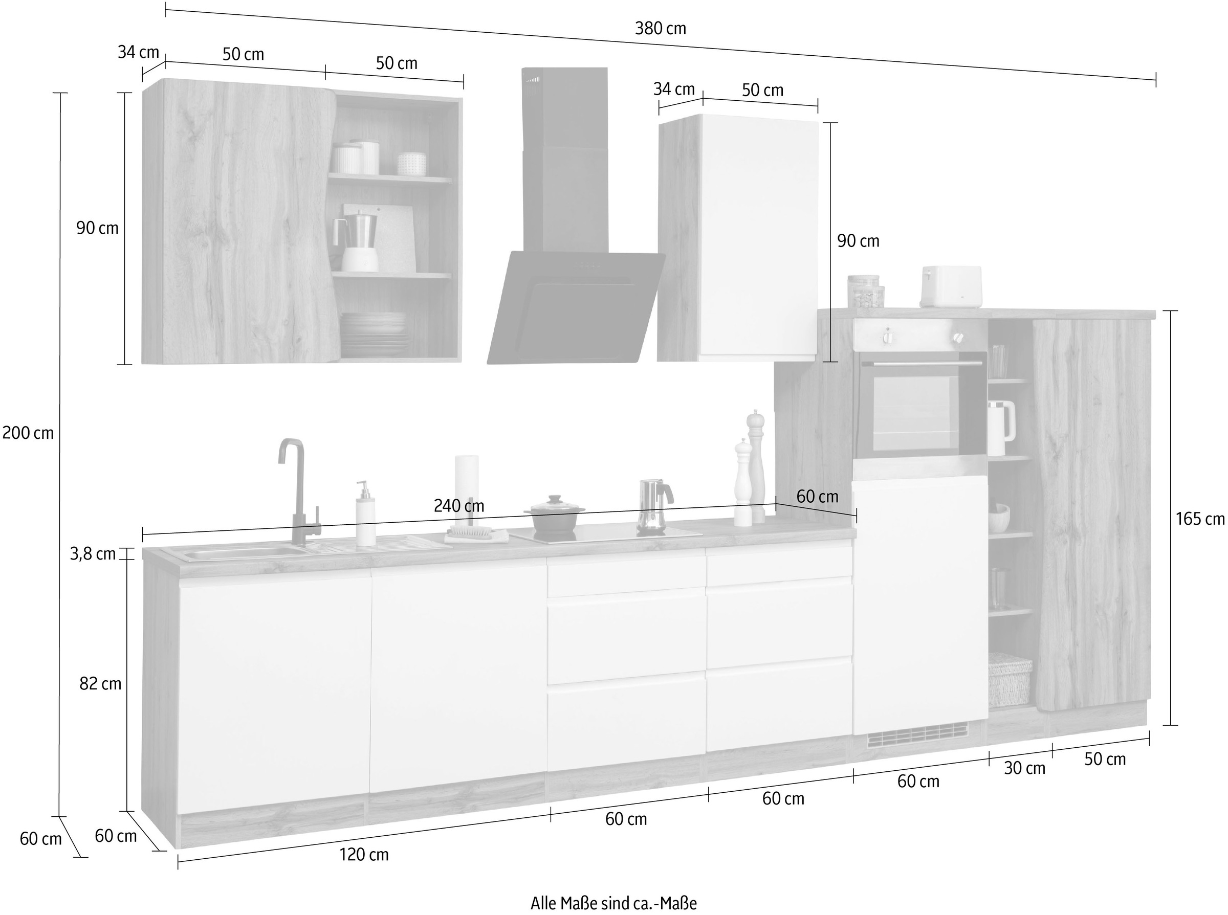 KOCHSTATION Küche »KS-Bruneck«, 380 cm breit, Ceran-oder Induktionskochfeld, hochwertige MDF-Fronten