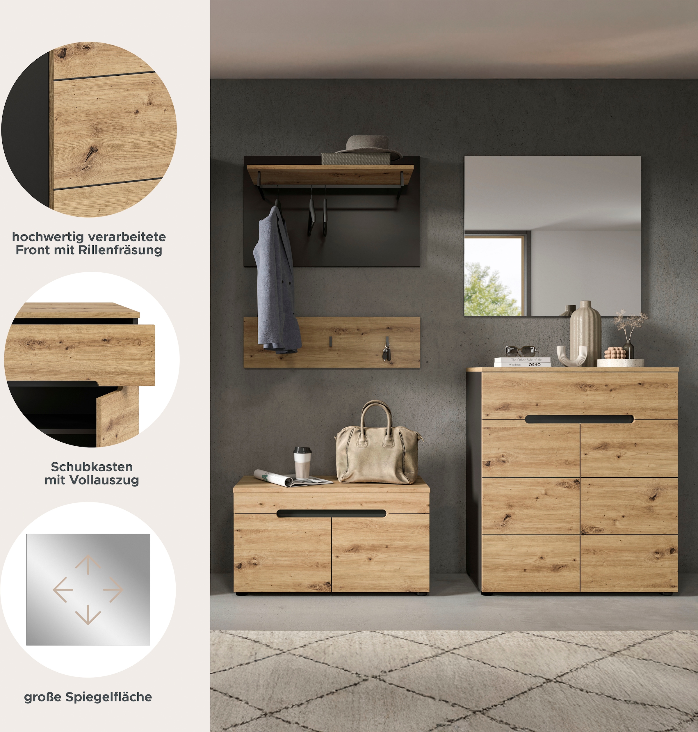 INOSIGN Garderoben-Set »REHAT, TOPSELLER!, 5-teilig, Breite 175cm, individuell stellbar«, (4 St.), Garderobenkombination, Kombination, Diele, Garderobe, Garderobenmöbel