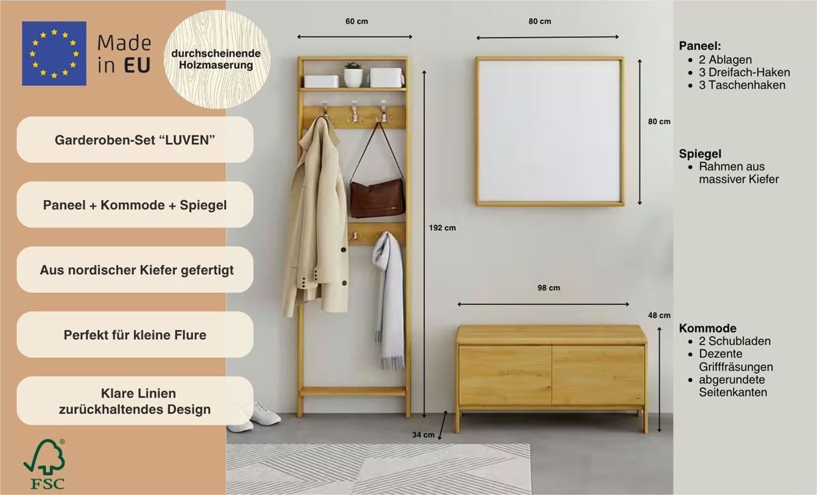 Home affaire Garderoben-Set »Luven« Set, 3 Stk. tlg. aus Massivholz, FSC®, bestehend aus Spiegel, Paneel und Kommode