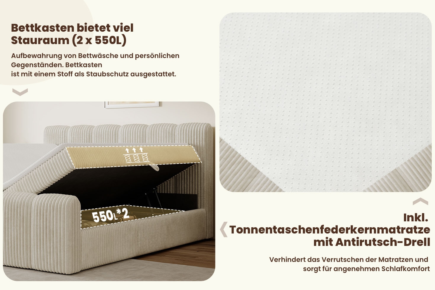 OTTO home Boxbett »SIVVA in der Breite 180cm, flauschiger Breitcord, Farbe: cream« inkl. Taschenfederkernmatratze (H3) & Topper (4cm) & Fußteil