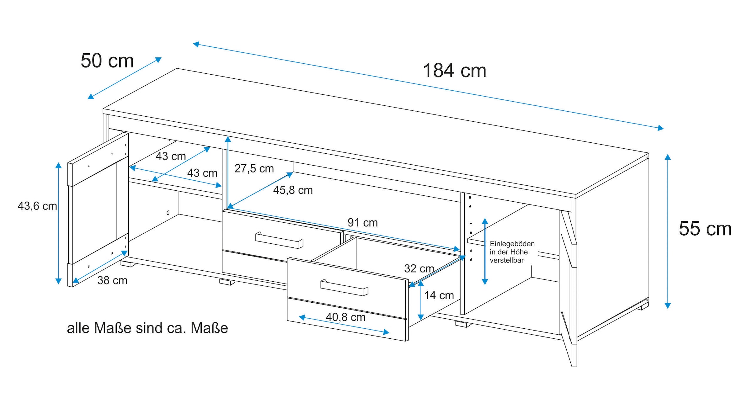 VOGL Möbelfabrik Lowboard, Breite 184 cm