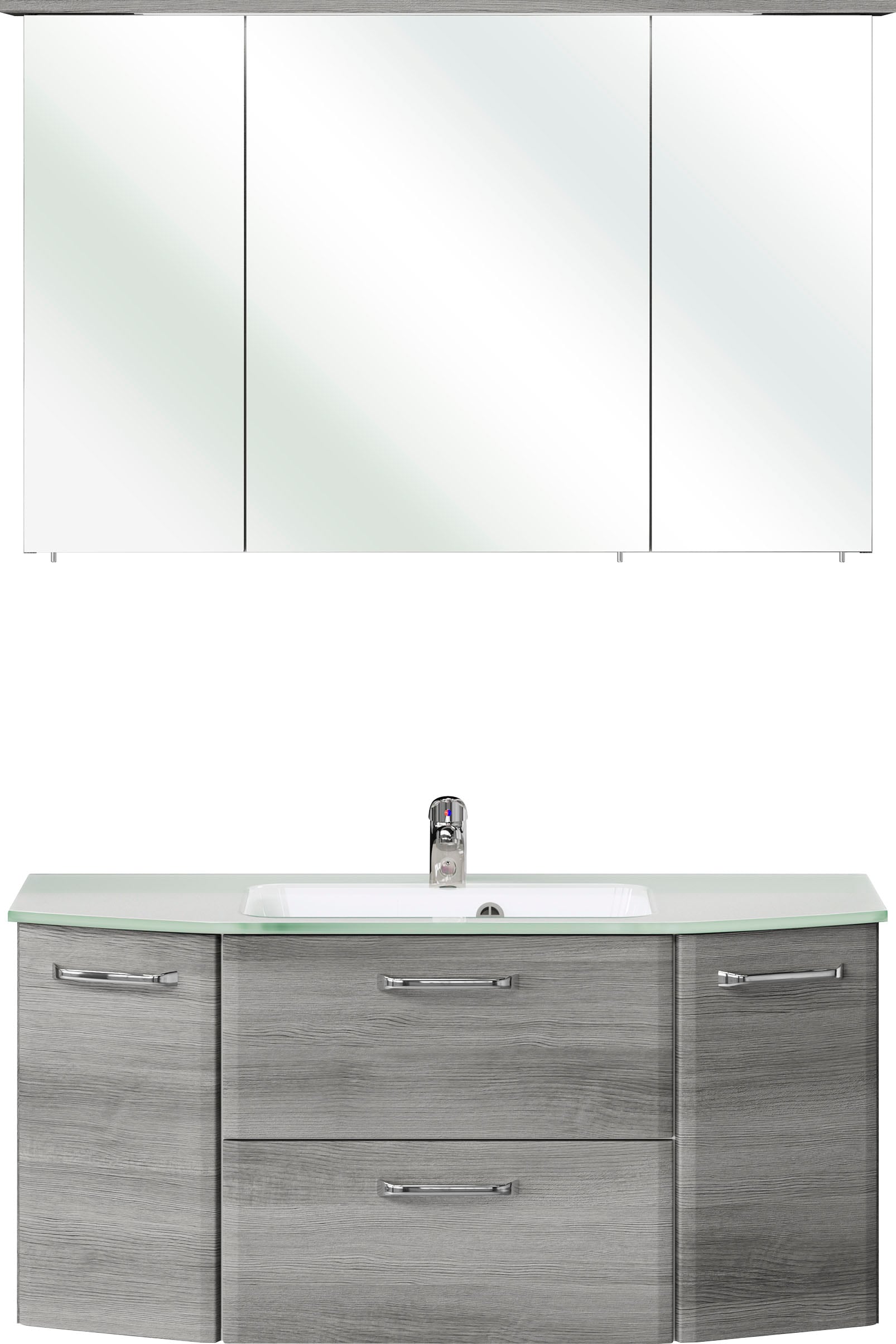 Saphir Badmöbel-Set »Quickset 2-teilig, Glaswaschtisch mit LED-Spiegelschrank, 115 cm breit«, (2 St.), Badezimmer Set inkl. Türdämpfer, 5 Türen, 1 Klappe, 1 Schublade