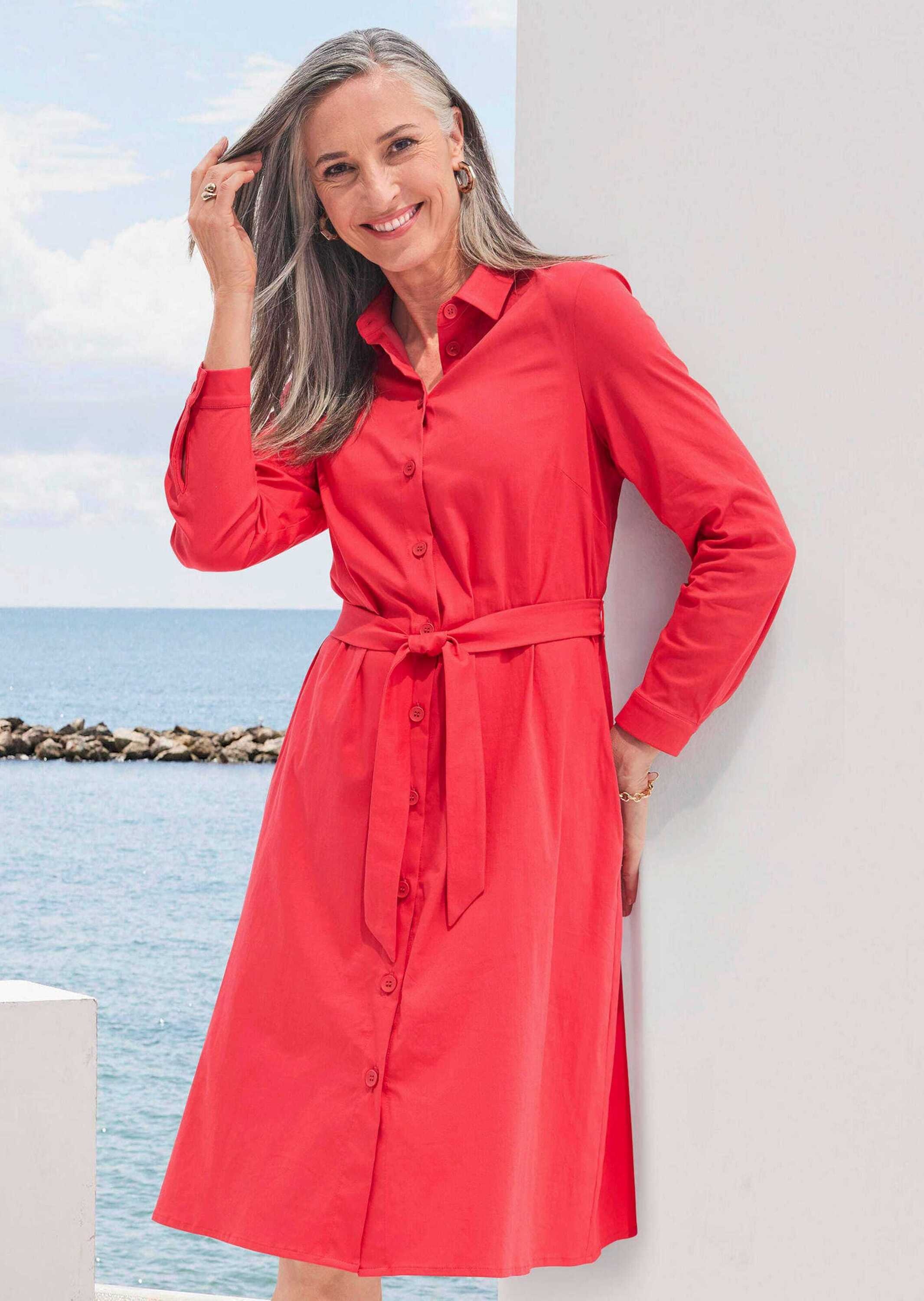 Sommerkleid GOLDNER "Kurzgröße Hemdblusenkleid mit Bindegürtel", Damen, Gr. 22, K-Gr, rot, Obermaterial: 80% Baumwolle CO. 18% Polyamid PA. 2% Elasthan EL., figurumspielend, Manschette, Kleider Sommerkleid, Bindegürtel 3