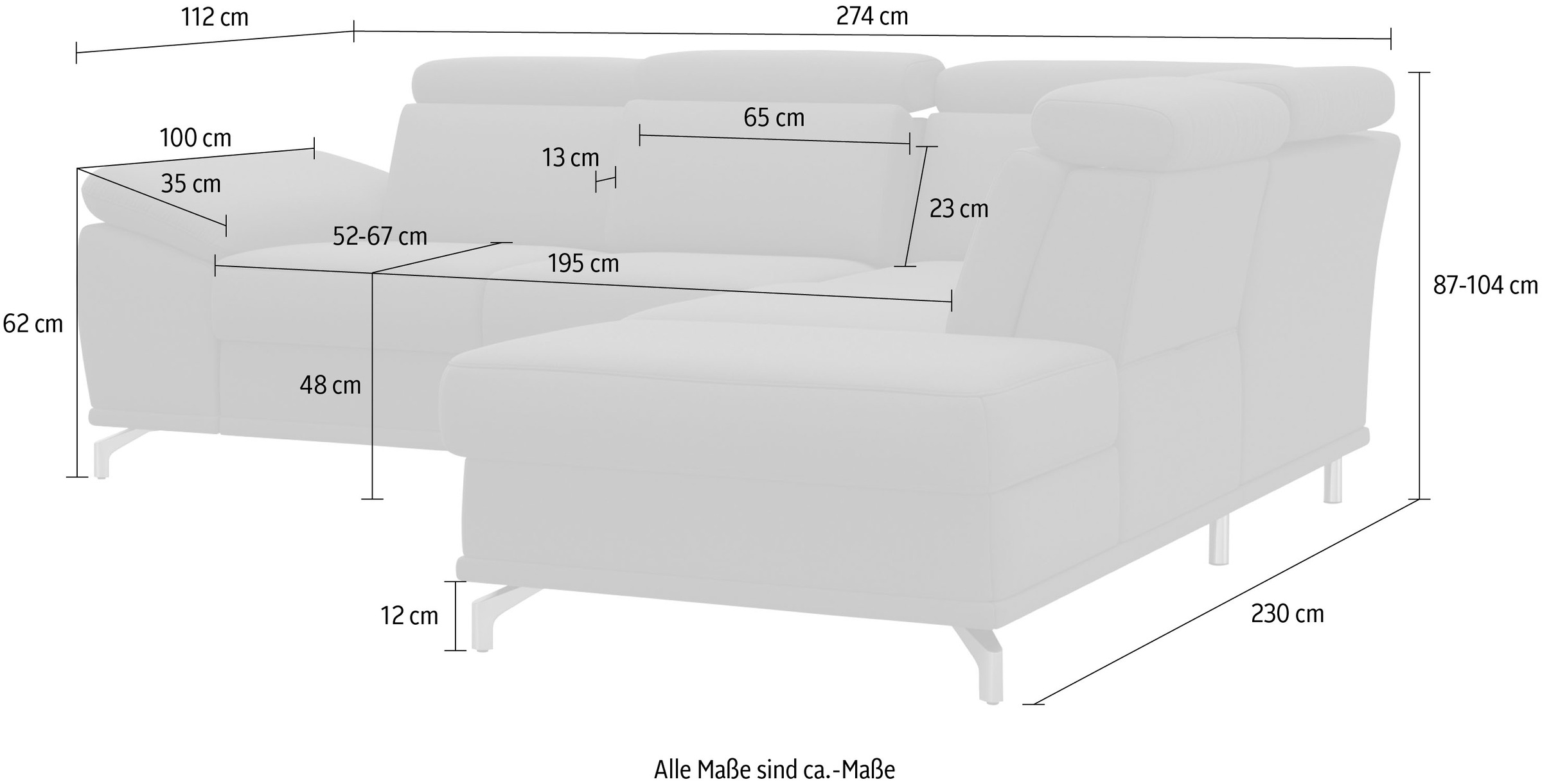 sit&more Ecksofa »Cabrio L-Form, B: 274 cm, mit Sitztiefen-, Arm- & Kopfteilverstellung« 3 Nierenkissen, Federkern, optional Bettfunktion und Stauraum