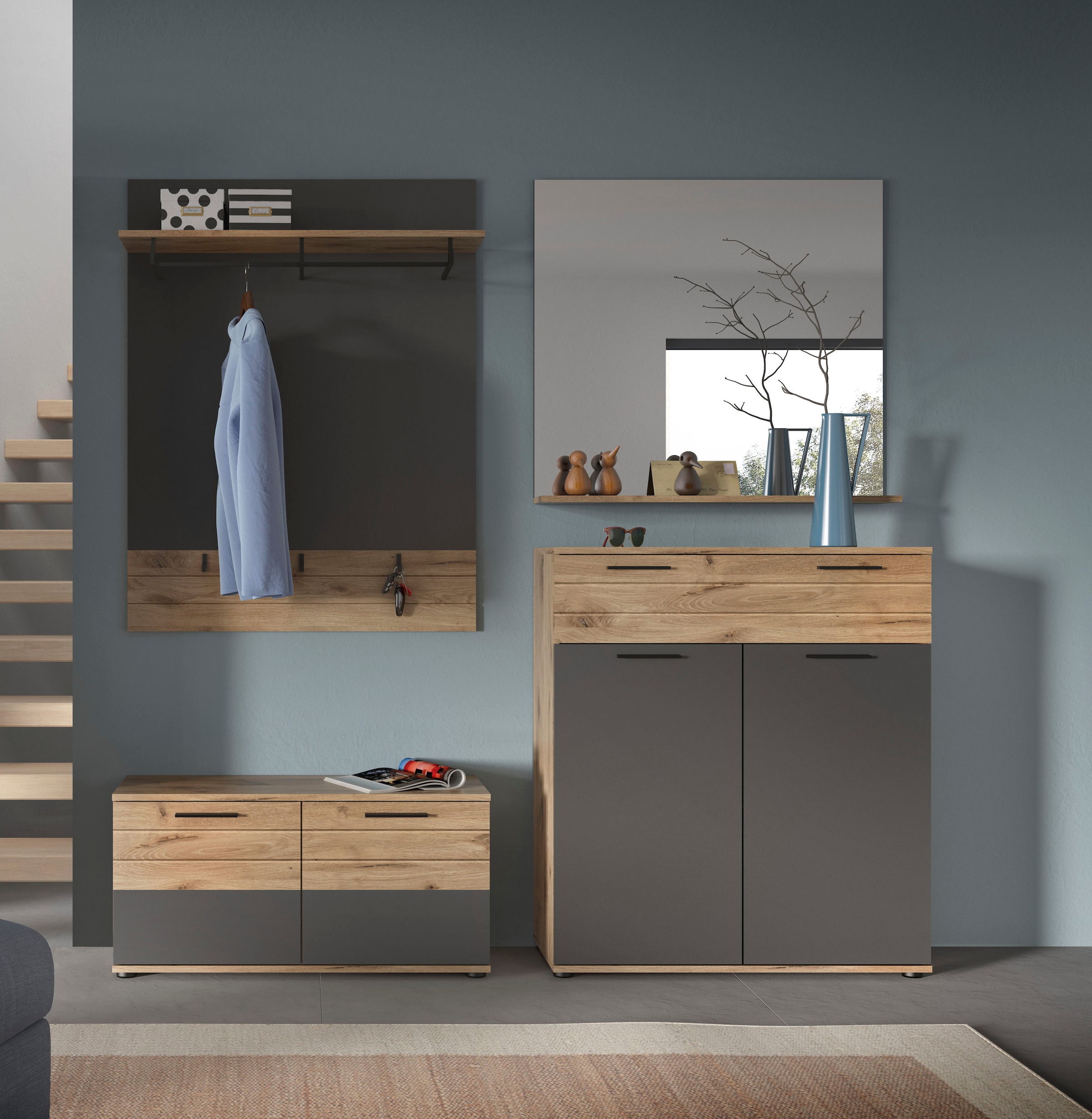 INOSIGN Garderoben-Set »Riga, Breite 195 cm, hochwertige Rillenfräsung, 4-teilig, best. aus:«, (Set, 4 St.), Sitzbank, Paneel, Garderobenspiegel, Schuhkommode