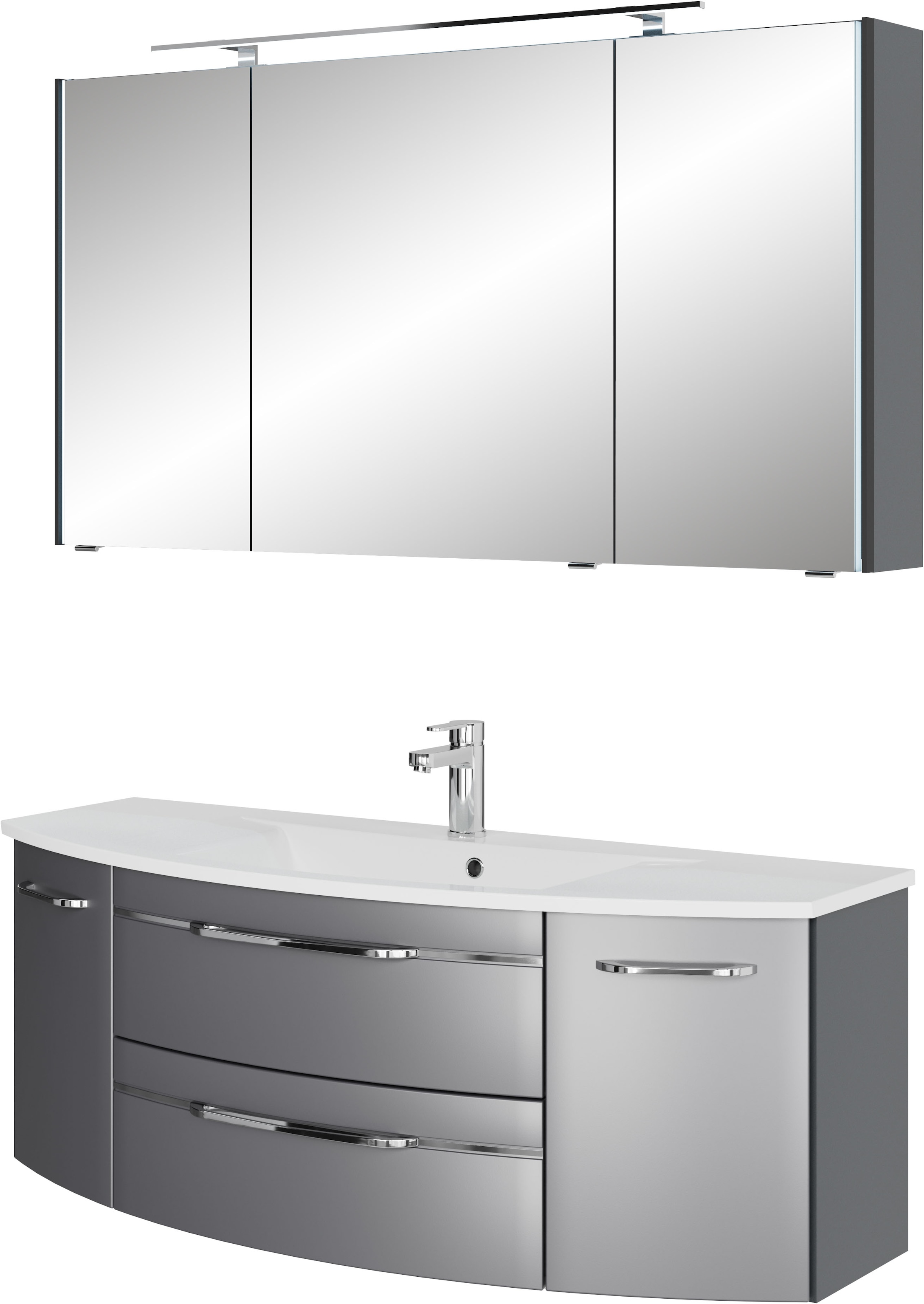 Saphir Badmöbel-Set »Serie 7045 2-teilig Mineralmarmor-Waschtisch mit LED-Spiegelschrank«, (Set, 2 St.), Badezimmer-Set 133,2 cm breit, inkl. Türdämpfer, 5 Türen, 2 Schubladen