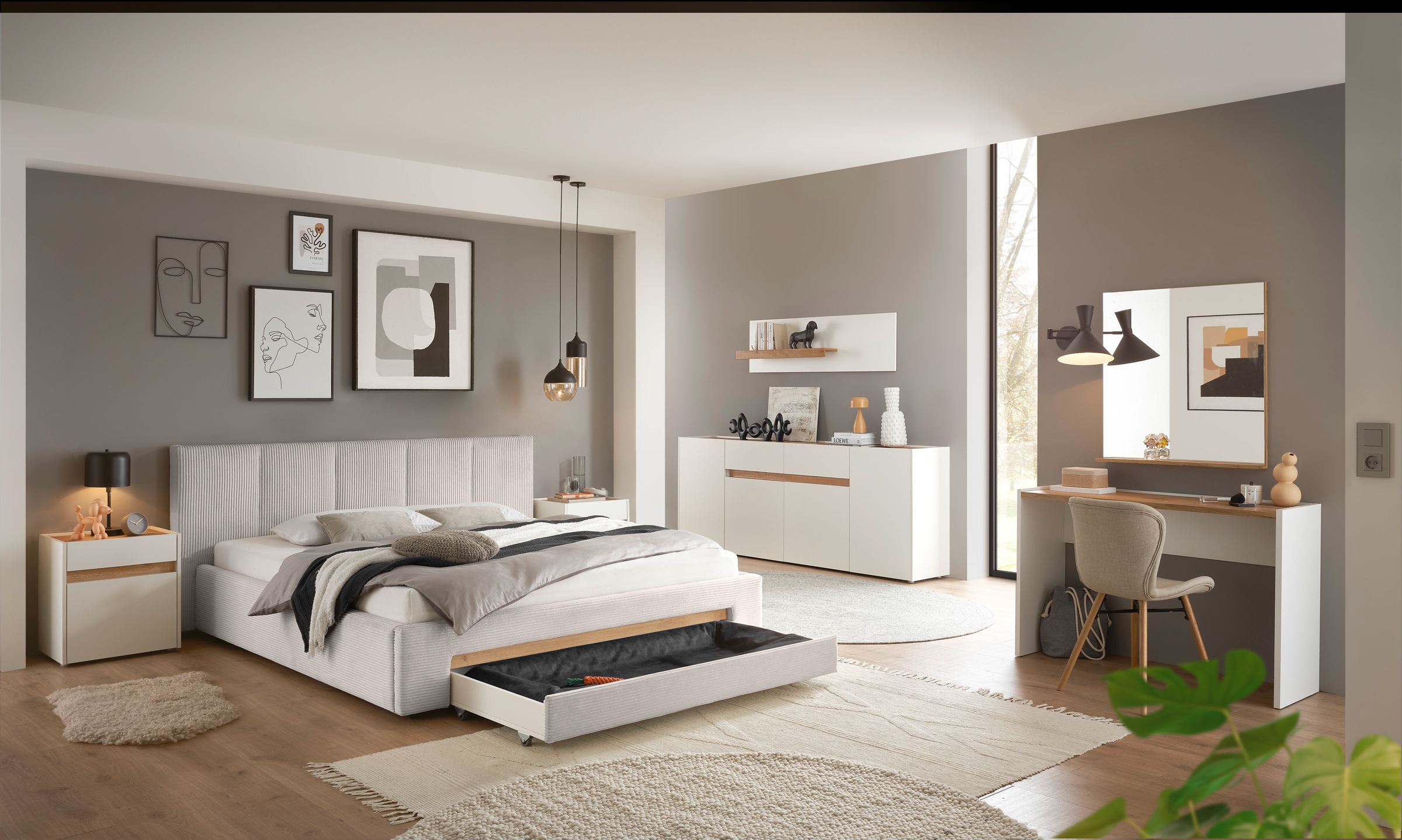 INOSIGN Polsterbett »CiTY/GiRON, Bettgestell mit Bettkasten, gepolstertes Stauraumbett«, mit Hundebett oder Stauraumschublade, Bezug Cord-oder Leinenoptik