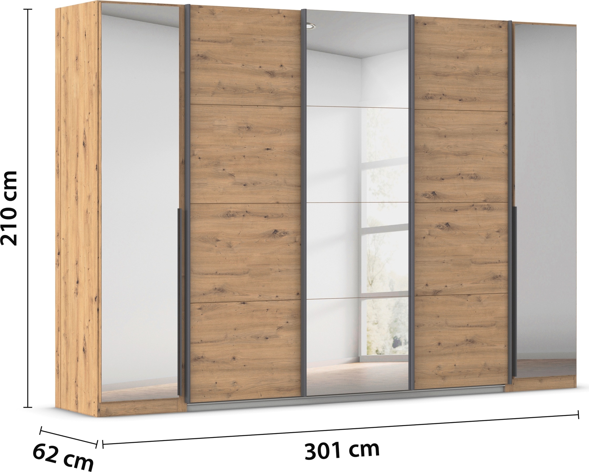 rauch Schwebetürenschrank »Dreh-/Schwebetürenschrank Kleiderschrank Familie, OTTOs Choice, Agordo« (B/H/T ca. 301x210X62cm, viele Farben & auch mit Spiegeln erhältlich),  Stauraumwunder TOPSELLER, verschiedene Grifffarben Made in GERMANY