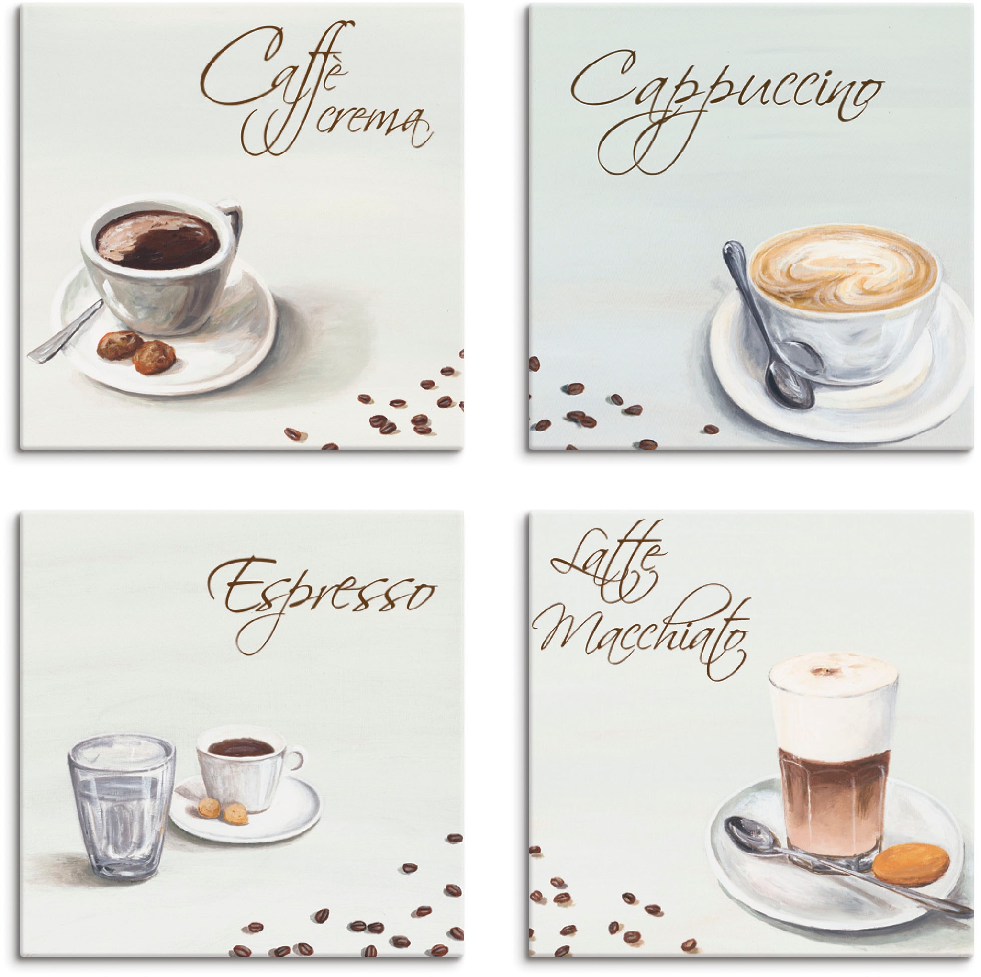 Artland Leinwandbild "Cappuccino Espresso Latte Macchiato", Getränke, (4 St.), 4er Set, verschiedene Größen