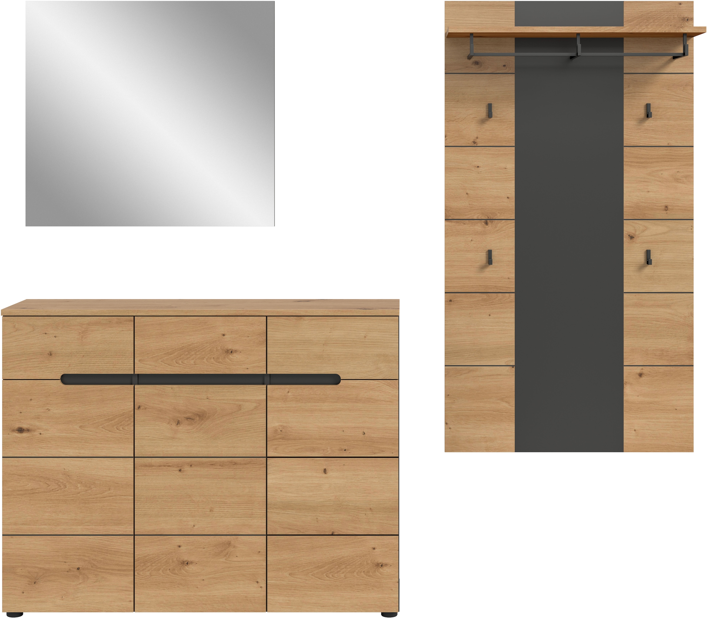 INOSIGN Garderoben-Set, (Set, 3 St., bestehend aus: Kommode, Spiegel und Garderobenpaneel), Garderobenkombination, Kombination, Set, Flurgarderobe, Diele