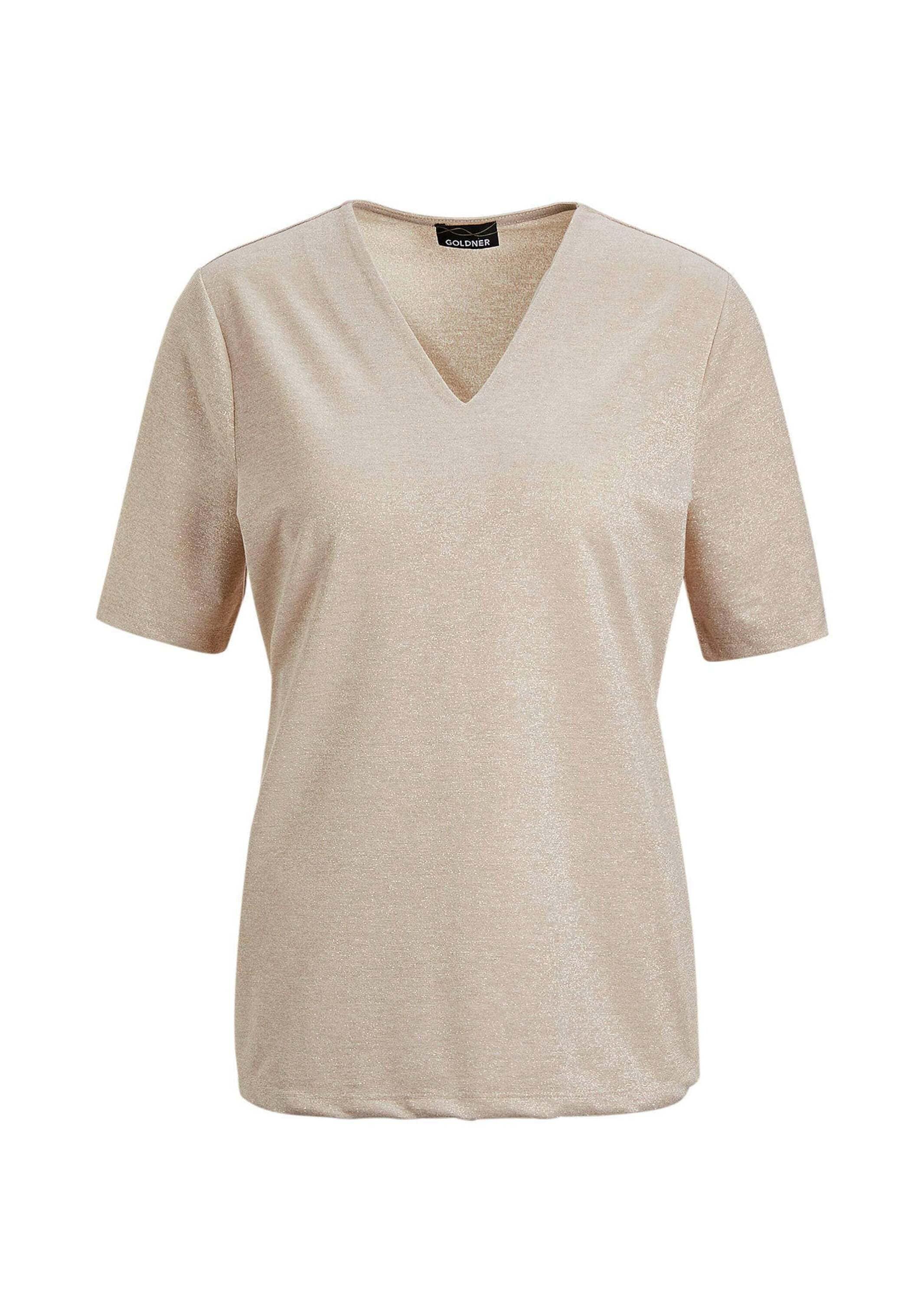 GOLDNER Kurzarmshirt "Kurzgröße Braunes Halbarm-Shirt mit Glanzeffekt" günstig online kaufen