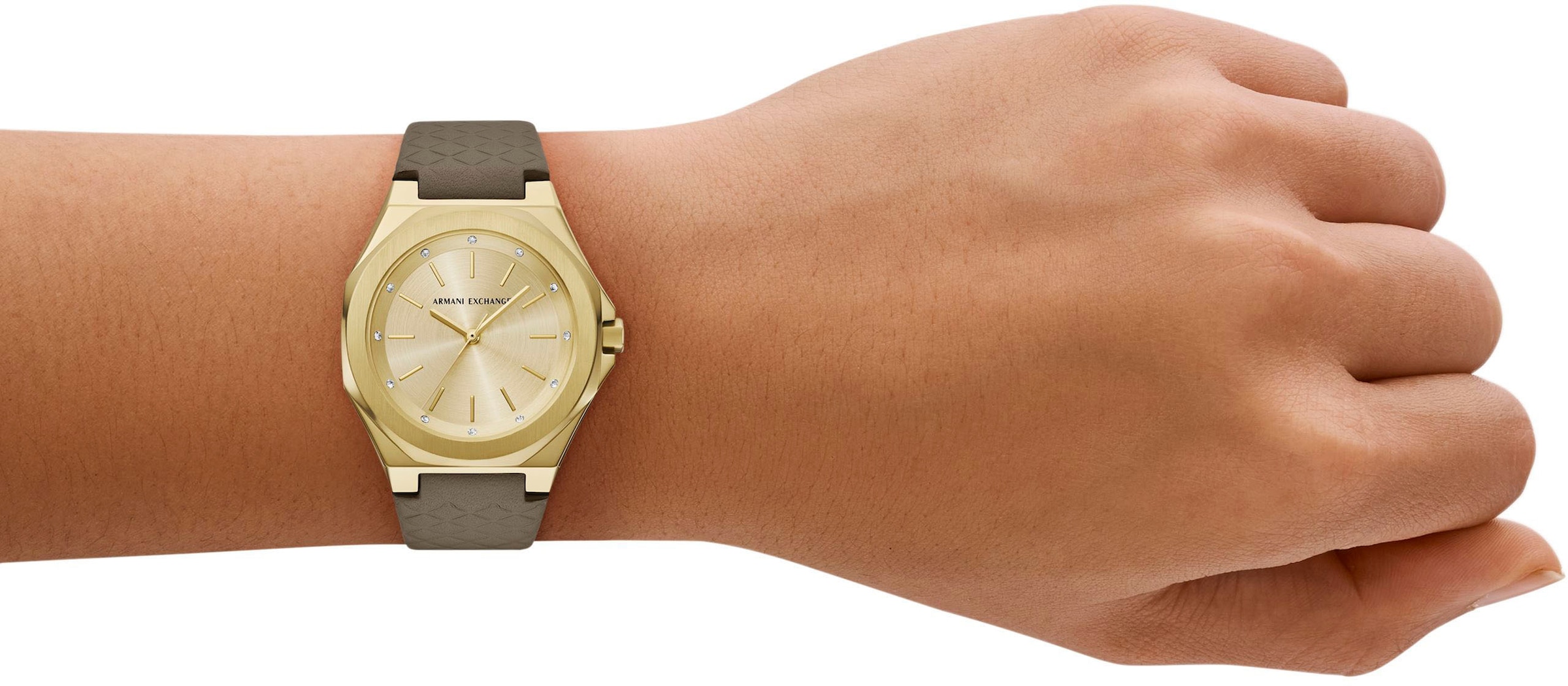 ARMANI EXCHANGE Quarzuhr, Armbanduhr, Damenuhr, Lederarmband, analog, Glassteine
