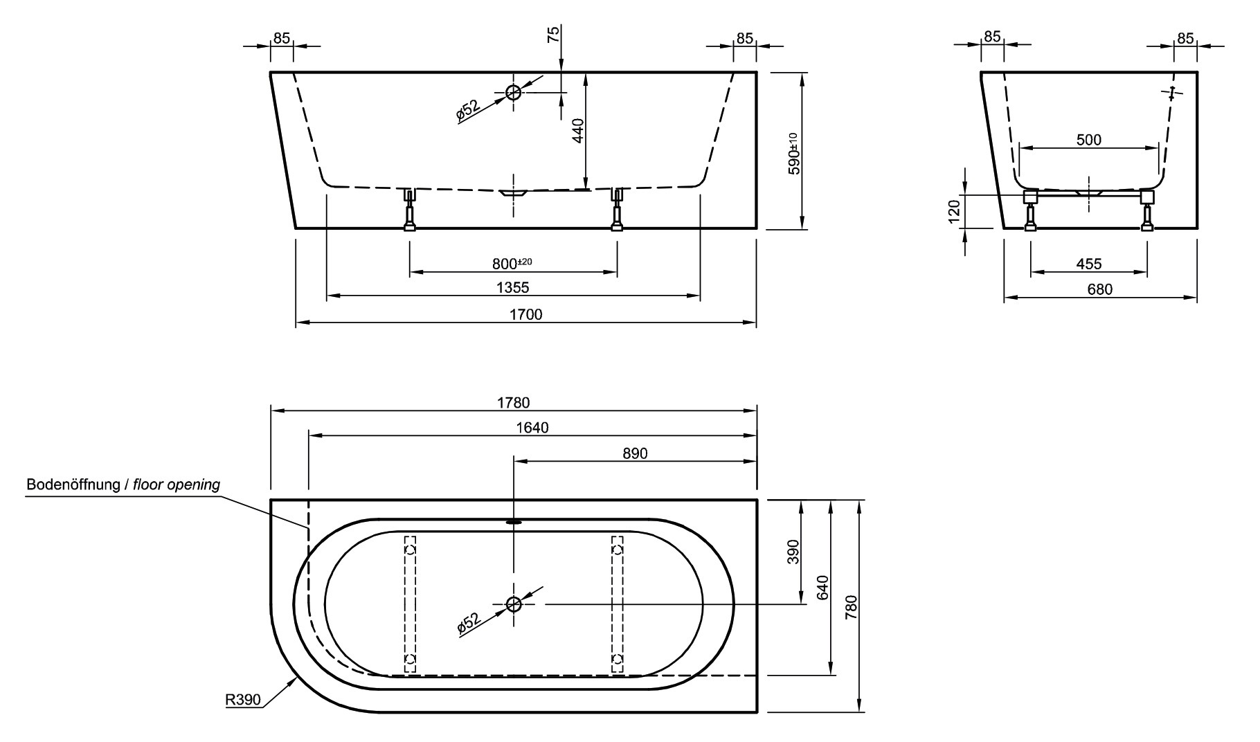OTTOFOND Einbauwanne »Modena Corner links«, (3 tlg.), 178x78/44 cm, inkl. verchromter Ab- und Überlaufgarnitur