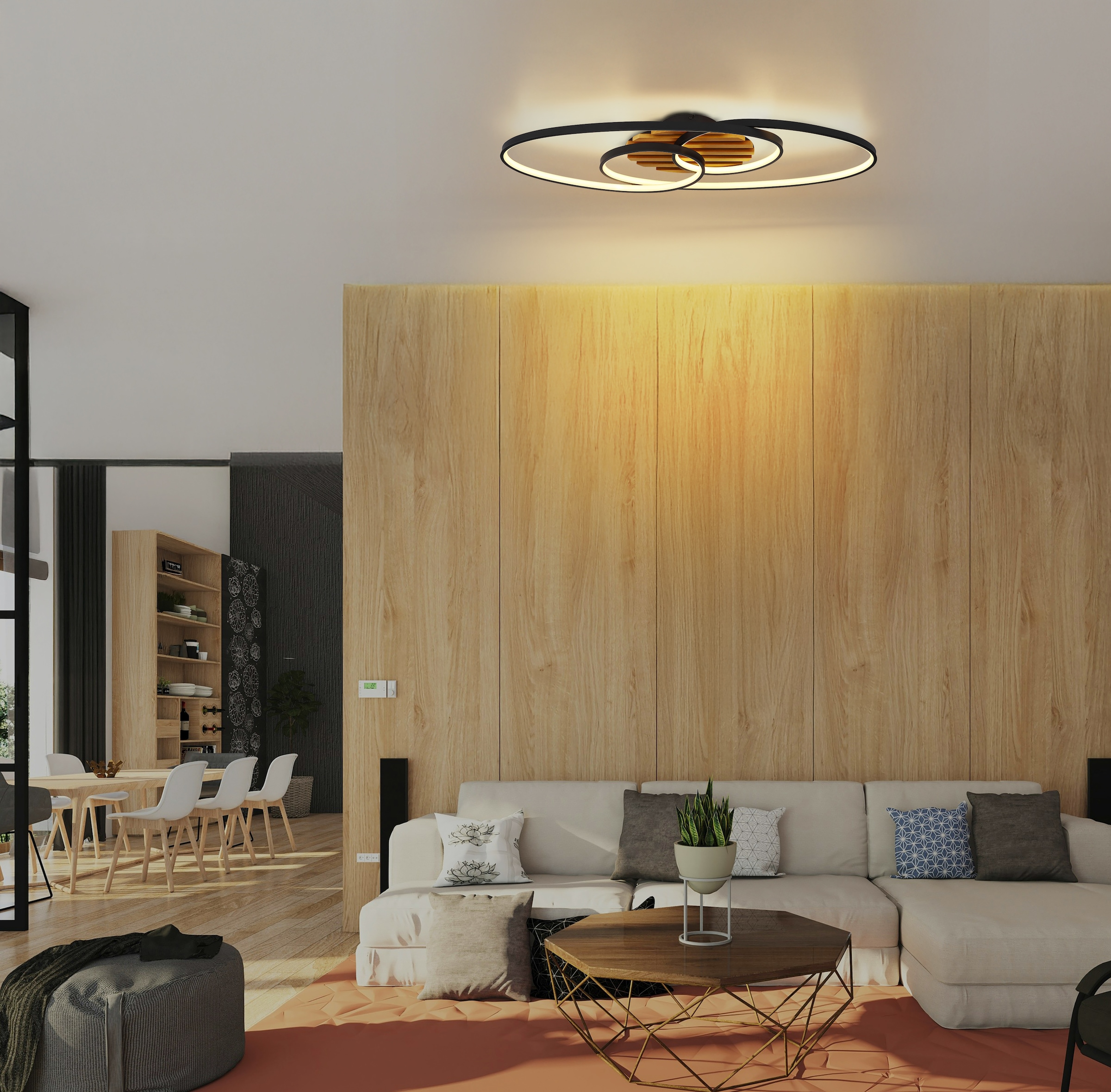 GLOBO LIGHTING Deckenleuchte »TISHA I« LED-Modul 1 Stk. Warmweiß Deckenleuchte schwarz/Holz, LED 40W, 3000K