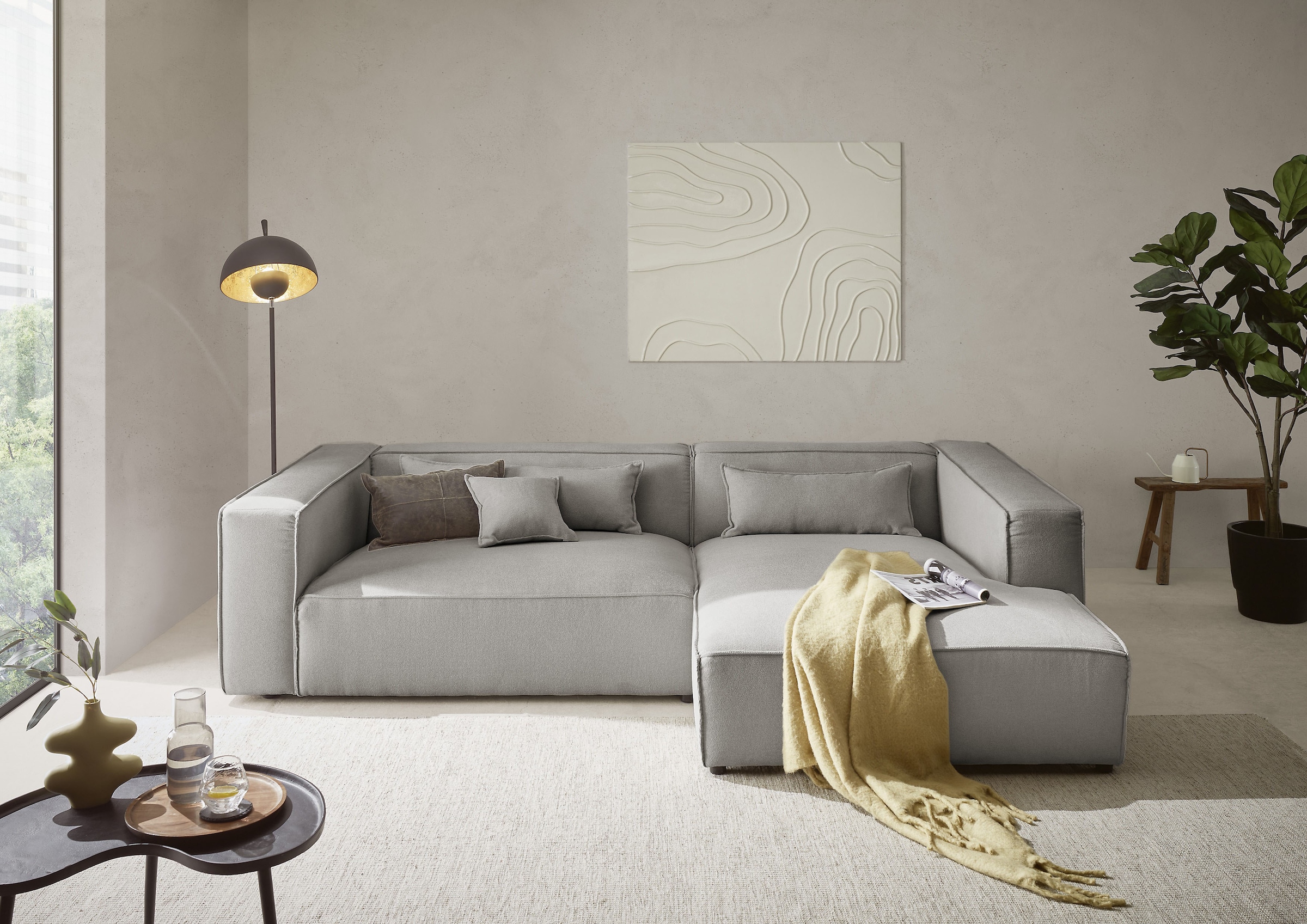 LeGer Home by Lena Gercke Ecksofa »PIARA XXL, Big-Sofa in Cord oder Leinenoptik, L-Form, mit Kedernaht«, wahlweise Ottomane rechts/links, schwarze Füße, extra tiefe Sitzfläche