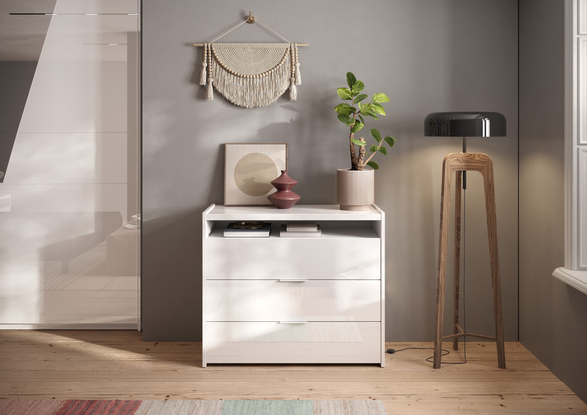 INOSIGN Kommode »Malmo, Schubkastenkommode B/T/H 111/50/95 cm, mit 3 Schubkästen,«, offene Ablage, Top 22 mm stark, Metallgriff, Weiss Hochglanz Lack