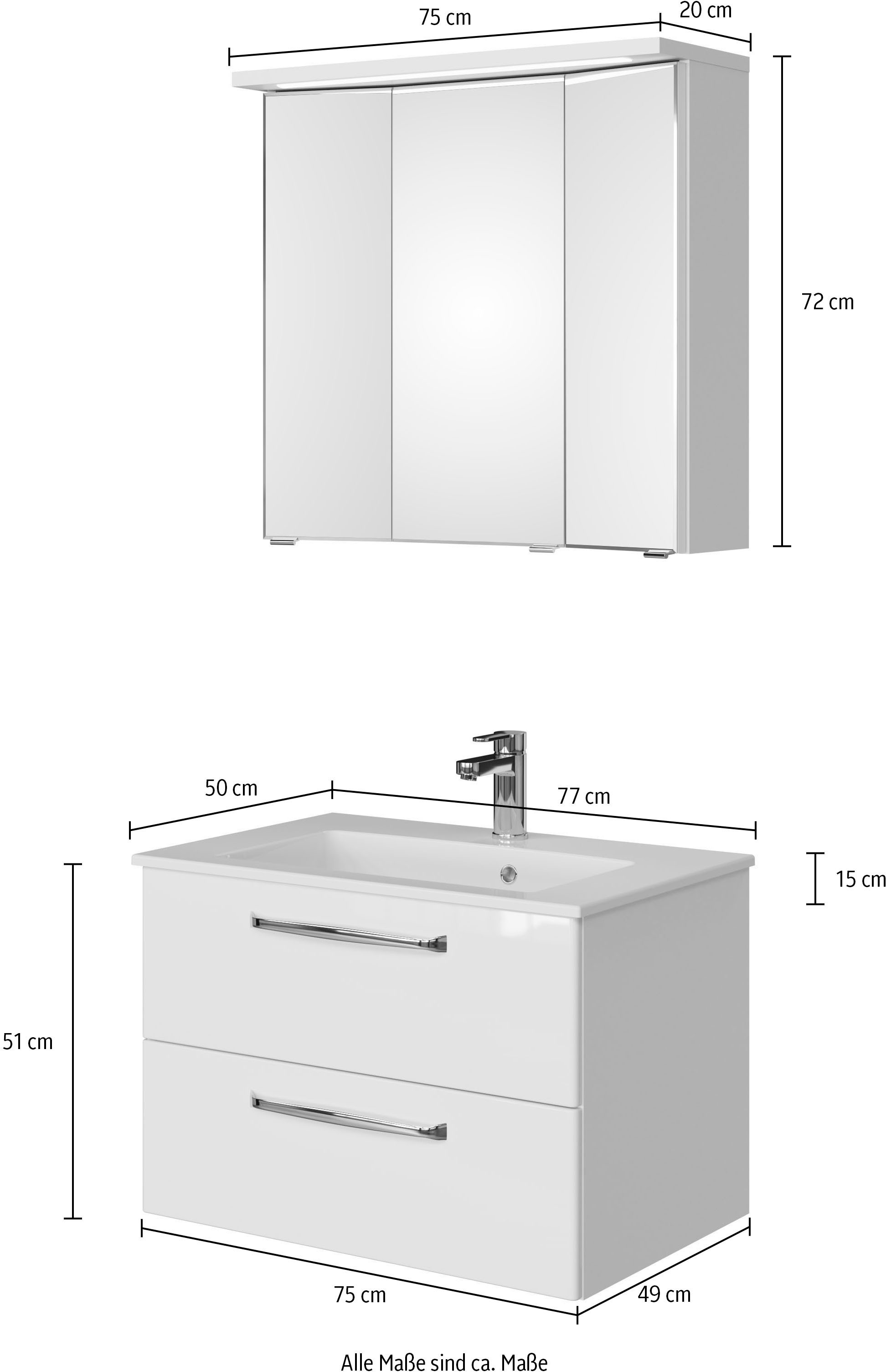 Saphir Badmöbel-Set »Trentino 2-teilig Mineralmarmor-Waschtisch mit LED-Spiegelschrank«, (3 St.), Badmöbel-Set 77cm breit, inkl. Türdämpfer, 3 Türen, 2 Auszügen