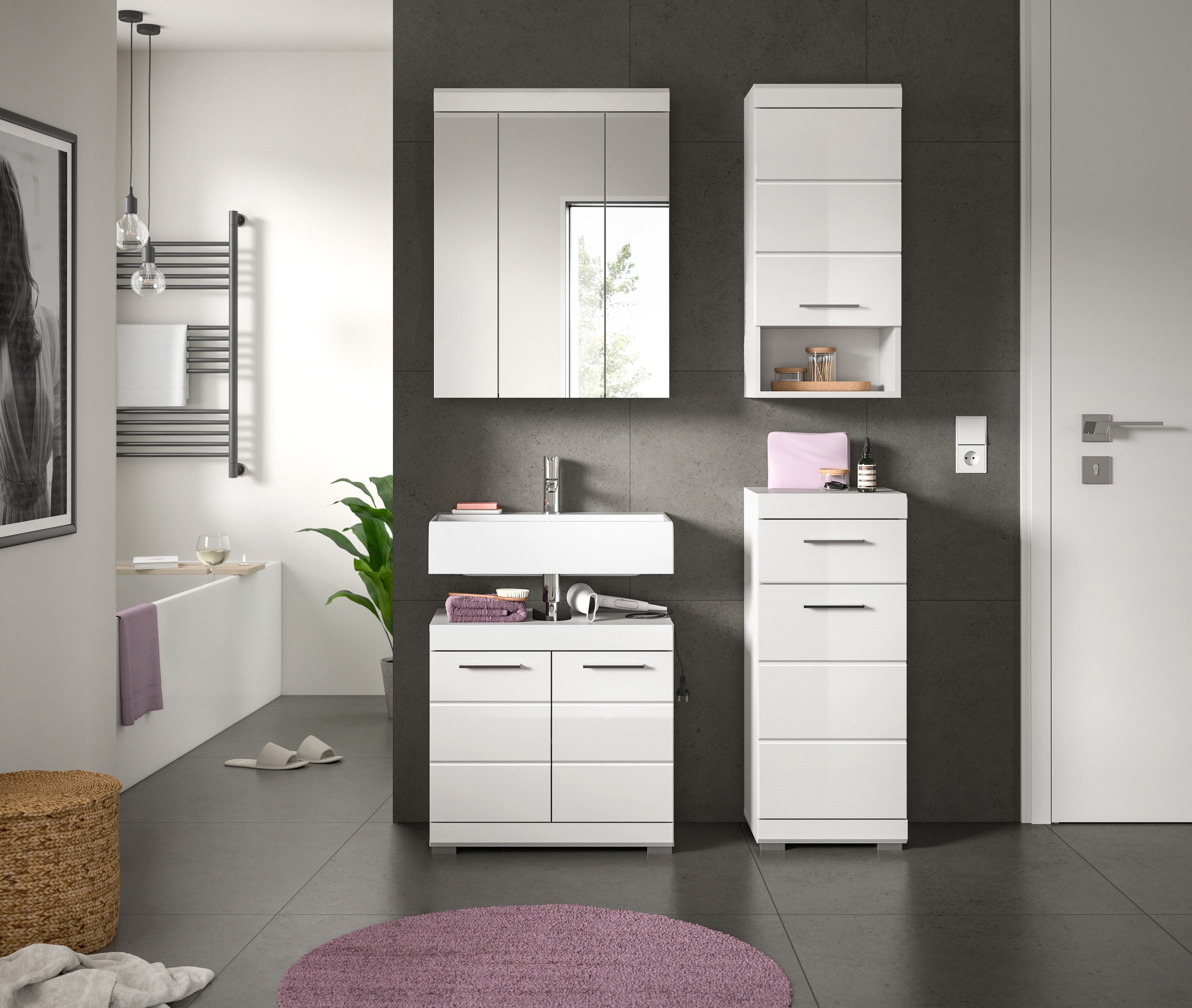 INOSIGN Badmöbel-Set »Siena, 4 teilig, bestehend aus:«, (Set), Waschbeckenunterschrank, Spiegelschrank, Unterschrank, Hängeschrank