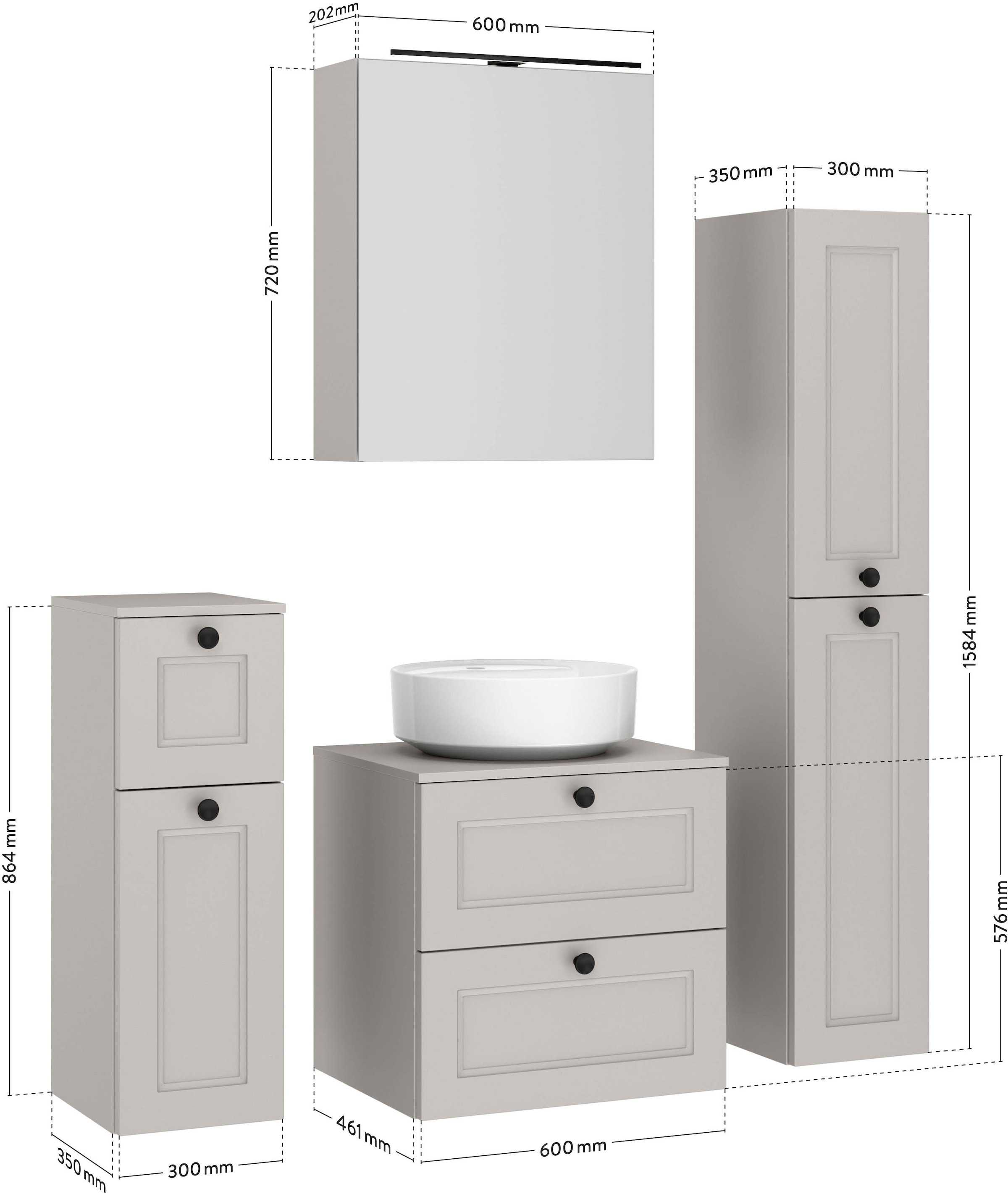 nobilia® Badmöbel-Set »Cascada« Set, inkl.  Aufsatzwaschbecken und Spiegelschrank mit Beleuchtung, 4 Stk. tlg.