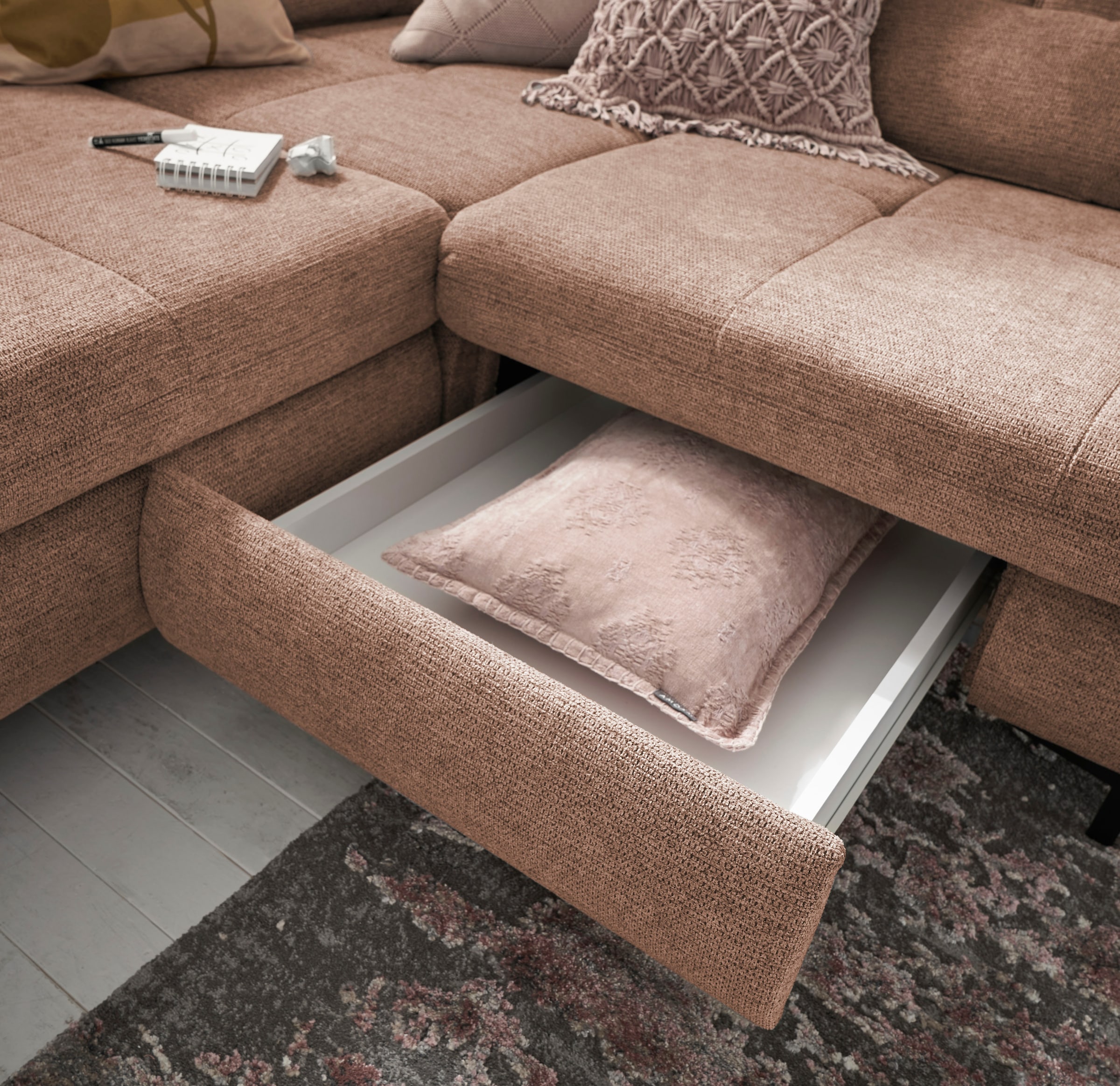 set one by Musterring Ecksofa »SO 3400 Sitzhöhe 47cm oder 49cm, Sitztiefe verstellbar, B/T 317/220 cm«, Kaltschaumpolsterung, Flachgewebe, whlw. mit weiteren Funktionen