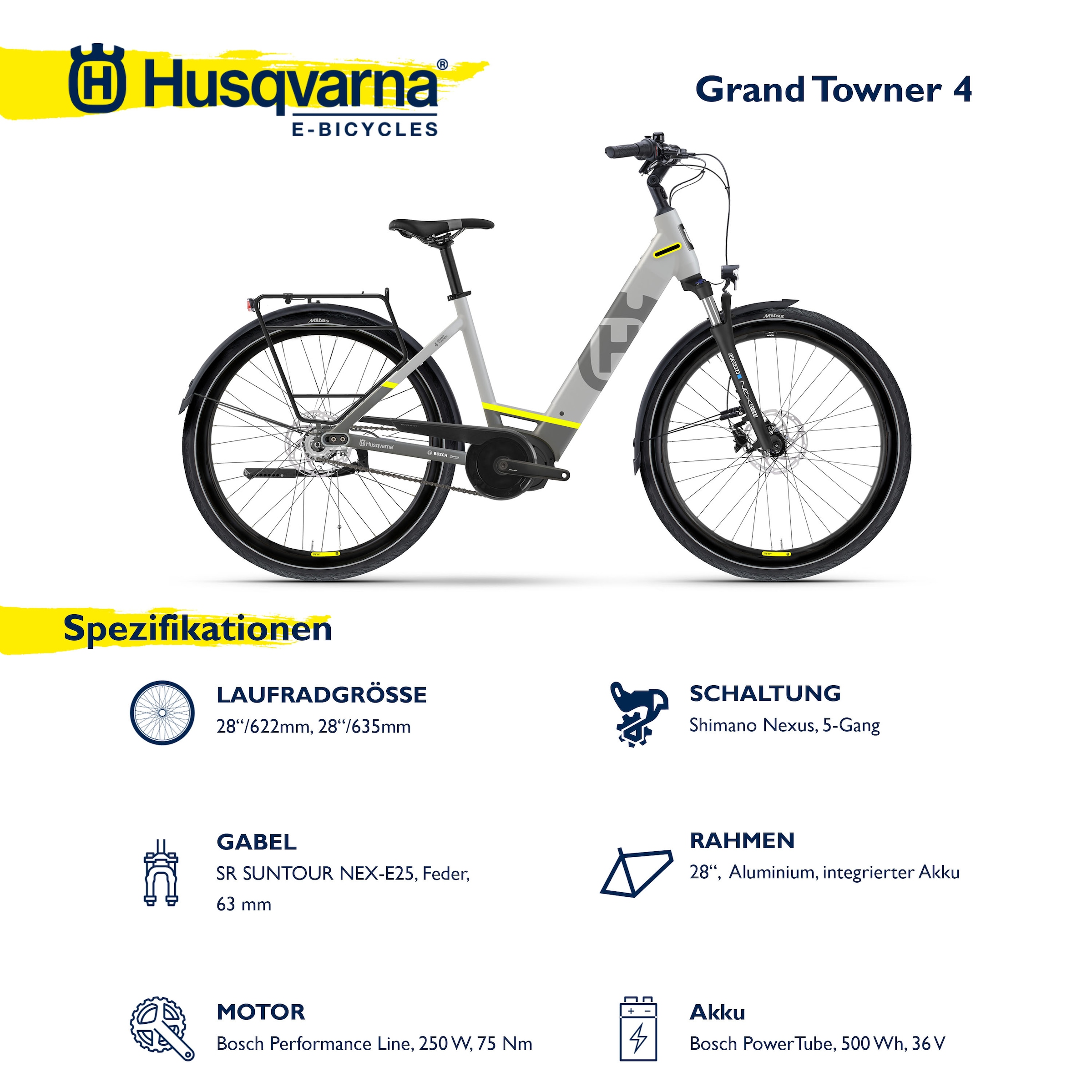 Husqvarna E-BICYCLES E-Bike »E-Citybike Grand Towner 4«, 5 Gang, Shimano, Nexus, Mittelmotor 250 W, Pedelec, Elektrofahrrad für Herren, Cityrad