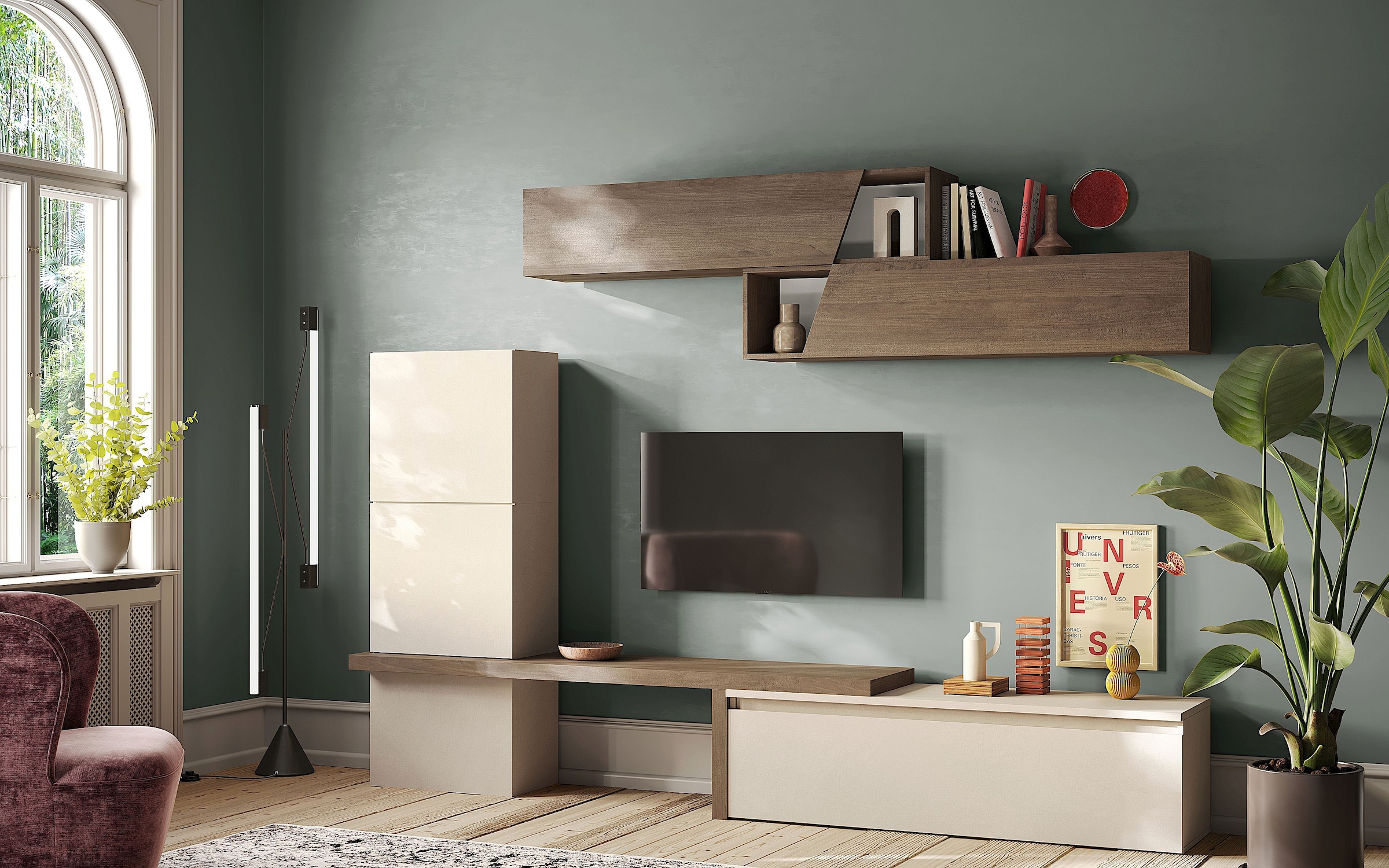 INOSIGN Wohnwand »INFINITY, 7tlg. Breite 280 cm, moderne Mediawand (Lowboard,«, (7 St.), T-Boden, 2x Hängewürfel, Würfel-Element, 2 Hängeschrank)