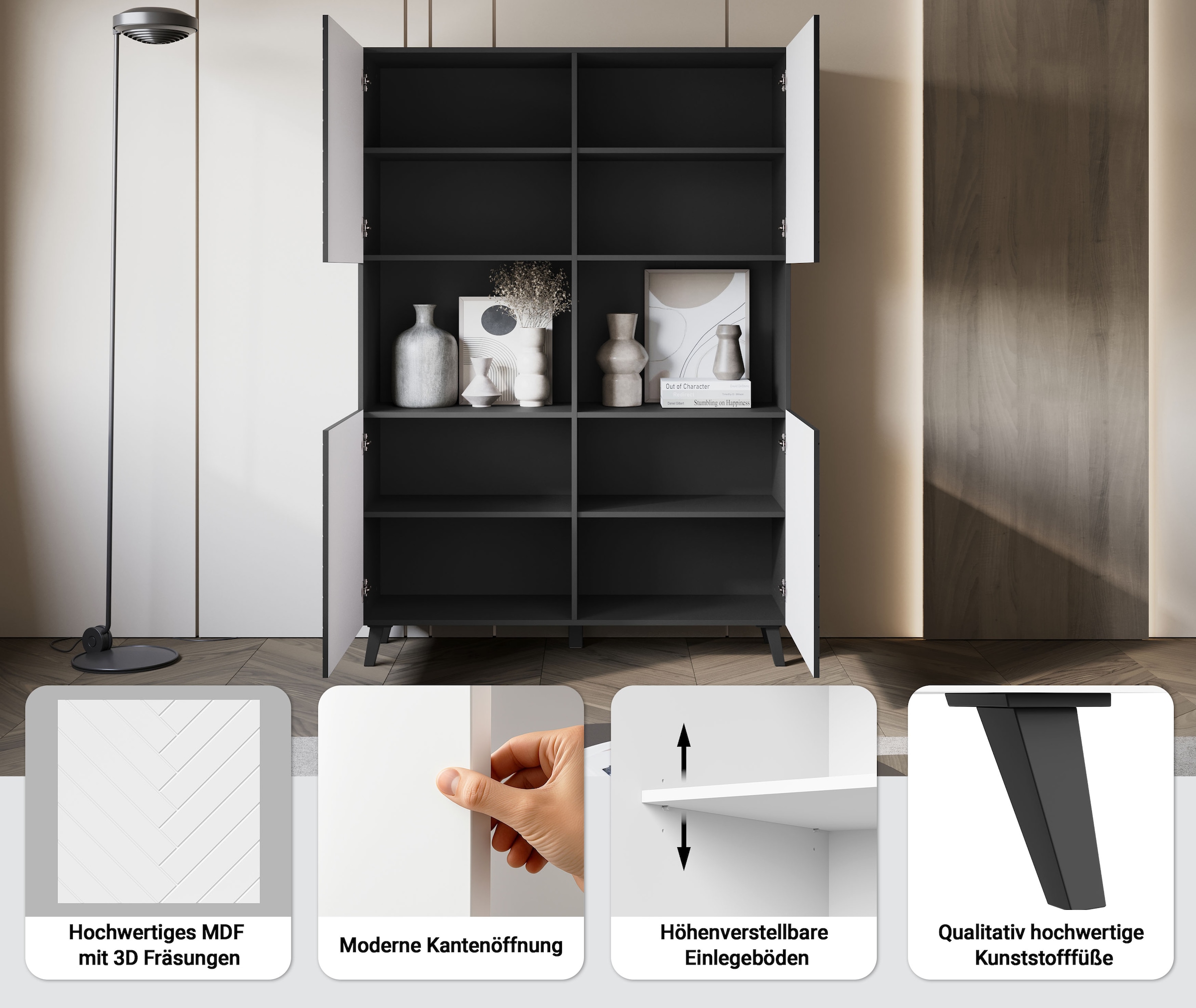 Home affaire Highboard »Phuket, Front MDF« Moderne Hochkommode ohne Griffe mit 10 Fächern, Breite 120 cm