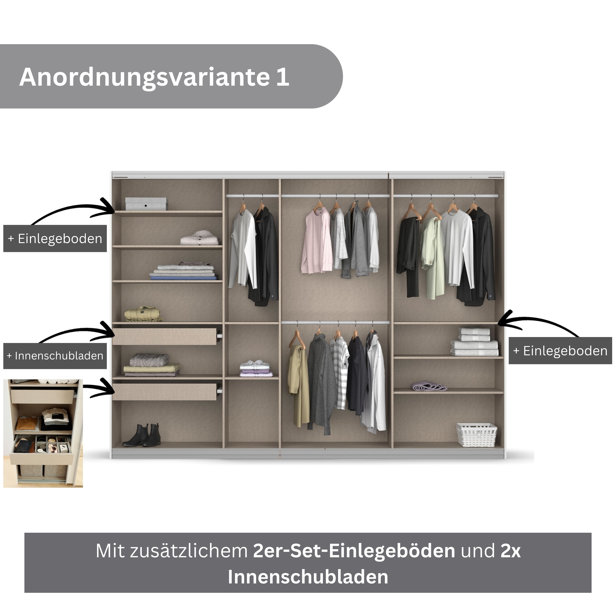 rauch Schwebetürenschrank »Kleiderschrank Schrank Garderobe KOLUNA mit Glastüren und Spiegel«, inkl. 2 Innenschubladen sowie extra Einlegeböden MADE IN GERMANY