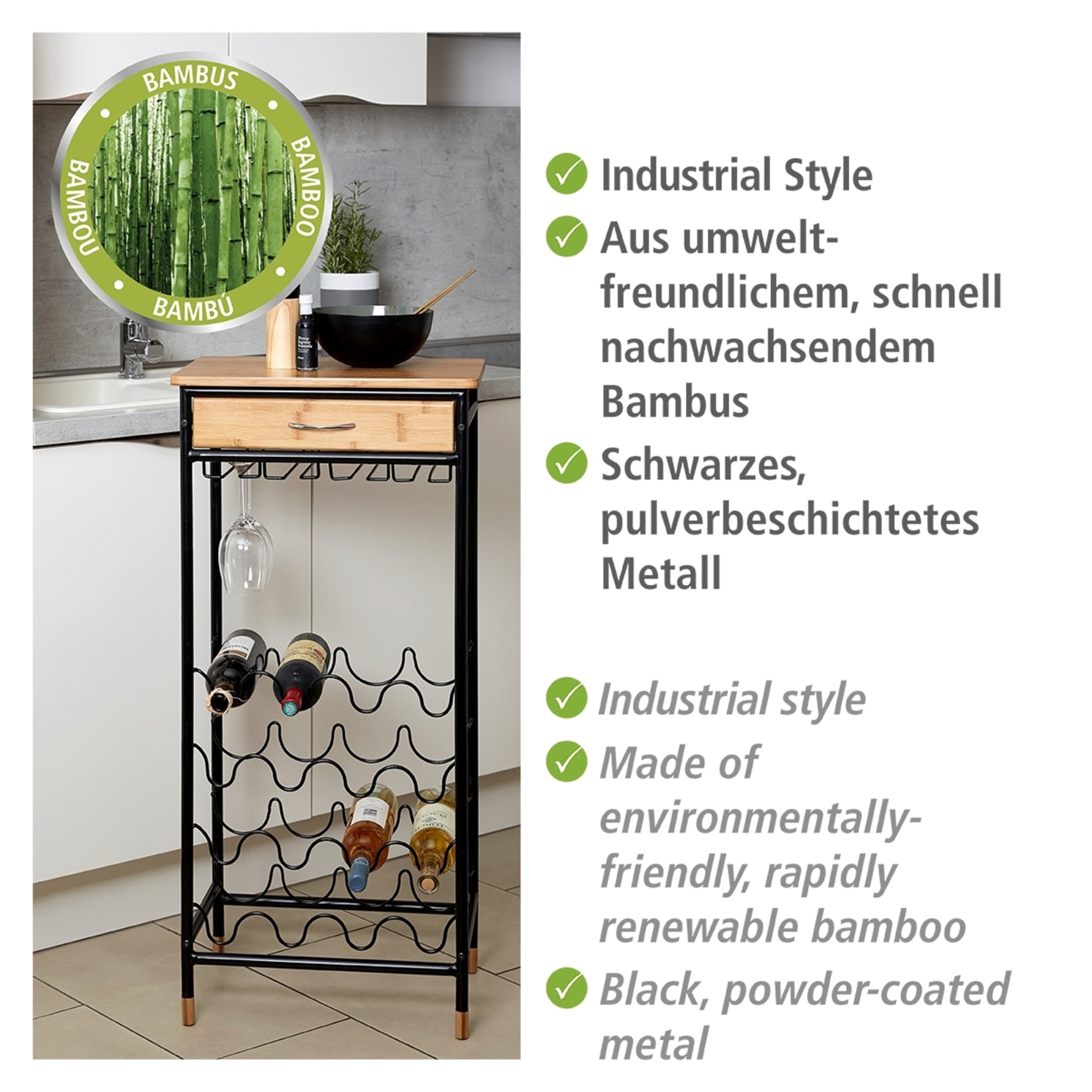 WENKO Weinflaschenhalter »Modell Loft«, Flaschenregal für 16 Flaschen mit Schublade, Metall und Bambus
