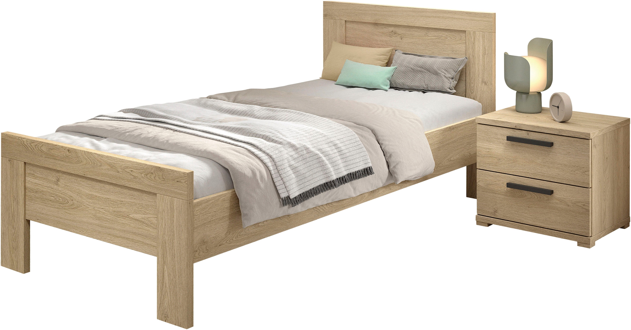 Vipack Jugendzimmer-Set »SAM - Bett und Nachtkonsole, gradliniges Design in wohnlichem Dekor« Schubladen auf Metallauszug bieten Stauraum am Bett, 2 tlg. tlg. die Oberfläche ist pflegeleicht, in der Ausführung Eiche Dekor