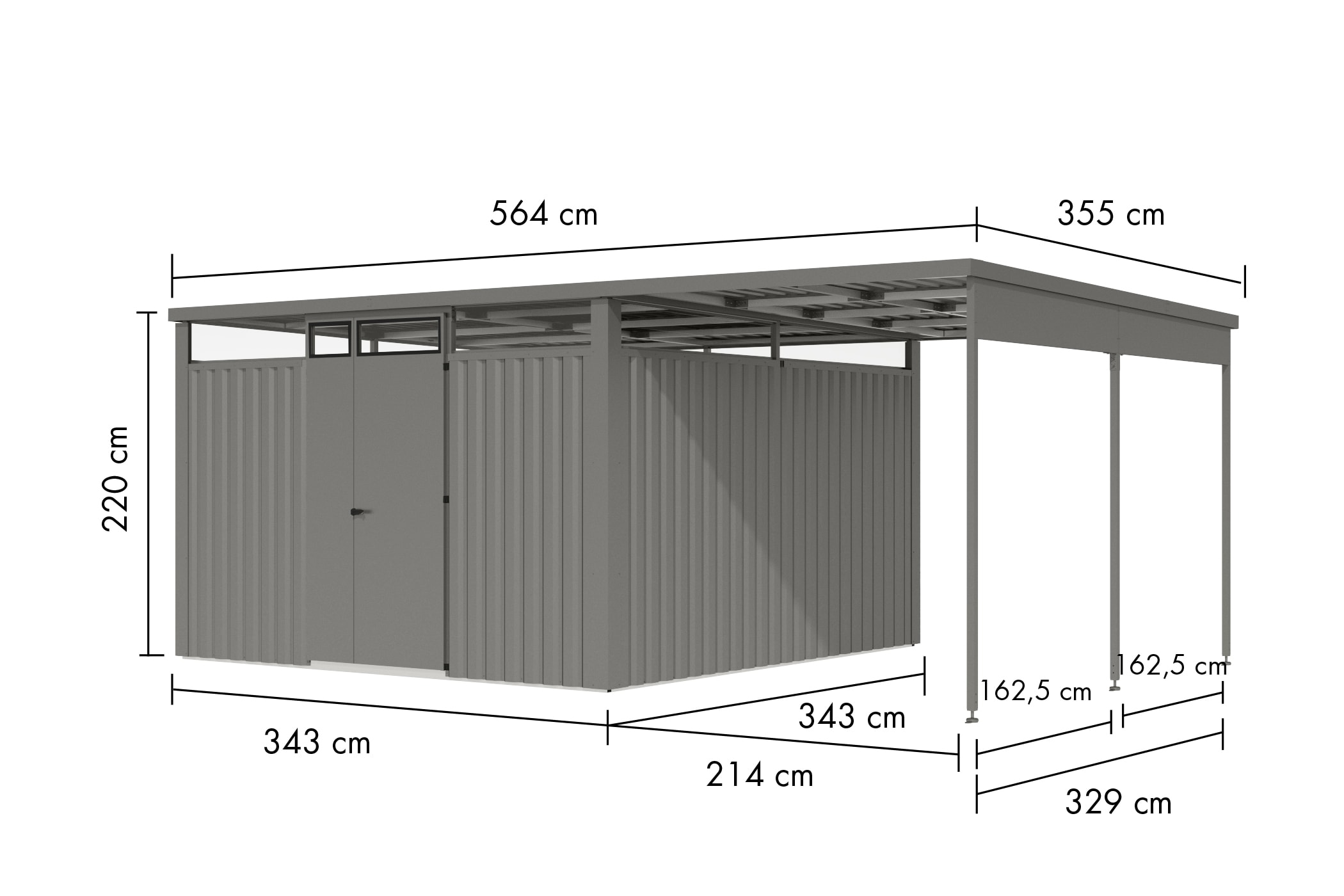 Karibu Gartenhaus »"Østen 3,5" SET mit Anbaudach 2,25 m«, pulverbeschichtetes Trapezblech, Rahmen aus verzinktem Vierkantrohr