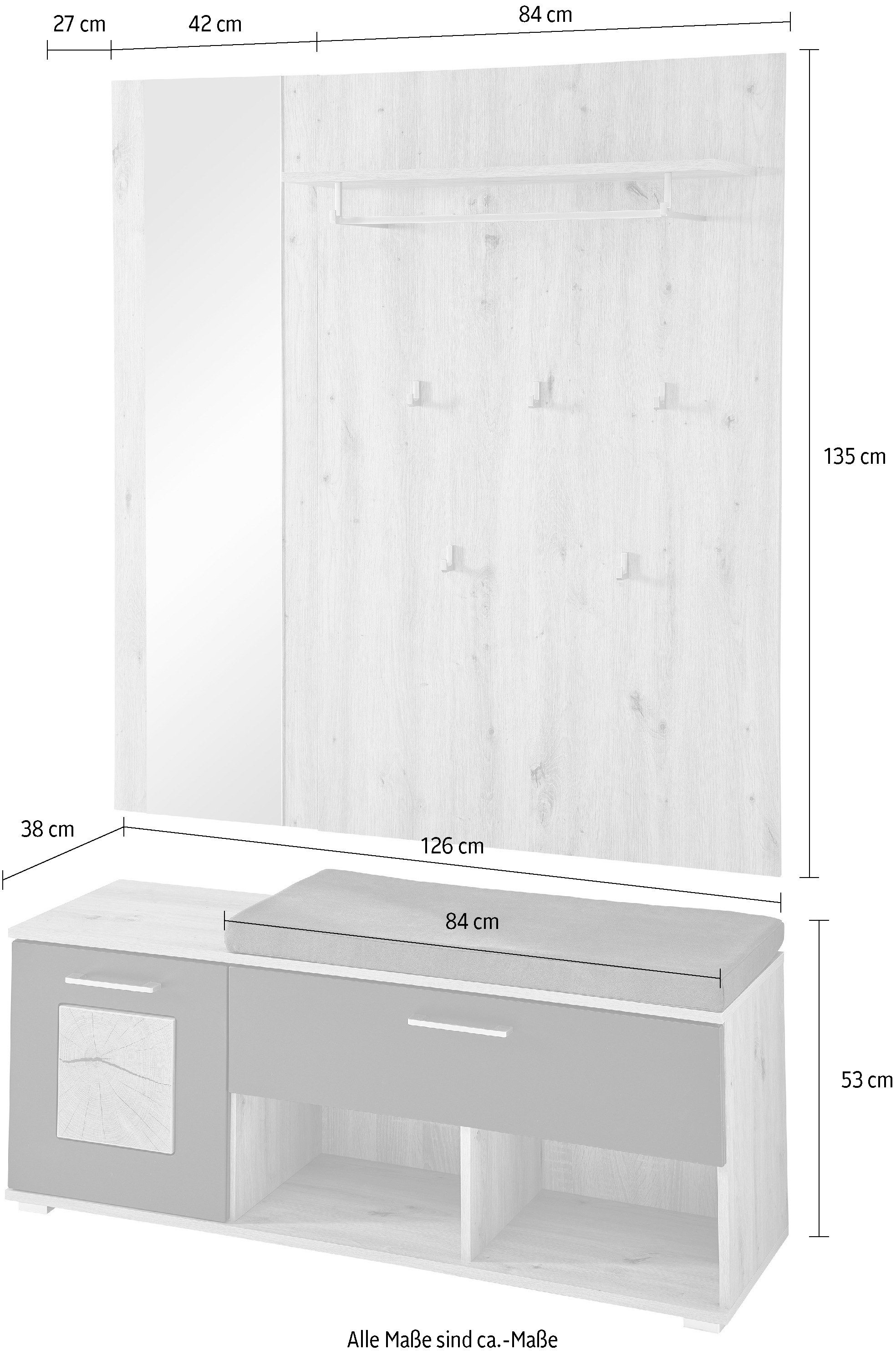Innostyle Garderobenset »Fun«, Gr. (B/H/T) 126x193x38cm, 2-teilig: Sitzbank mit Sitzkissen und Wandpaneele mit Spiegelelement