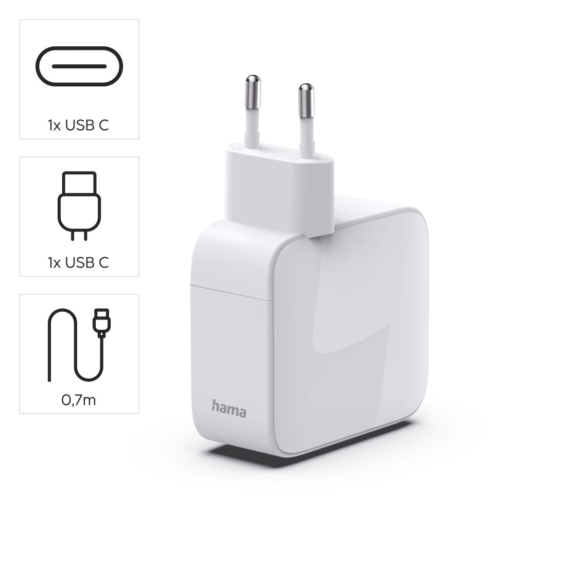 Hama Schnelllade-Gerät »Schnellladegerät mit ausziehbarem Ladekabel, 2x USB-C, 30 W, Weiß« Power Delivery, Fast Charge, GaN-Technologie, USB-C-Kabel integriert