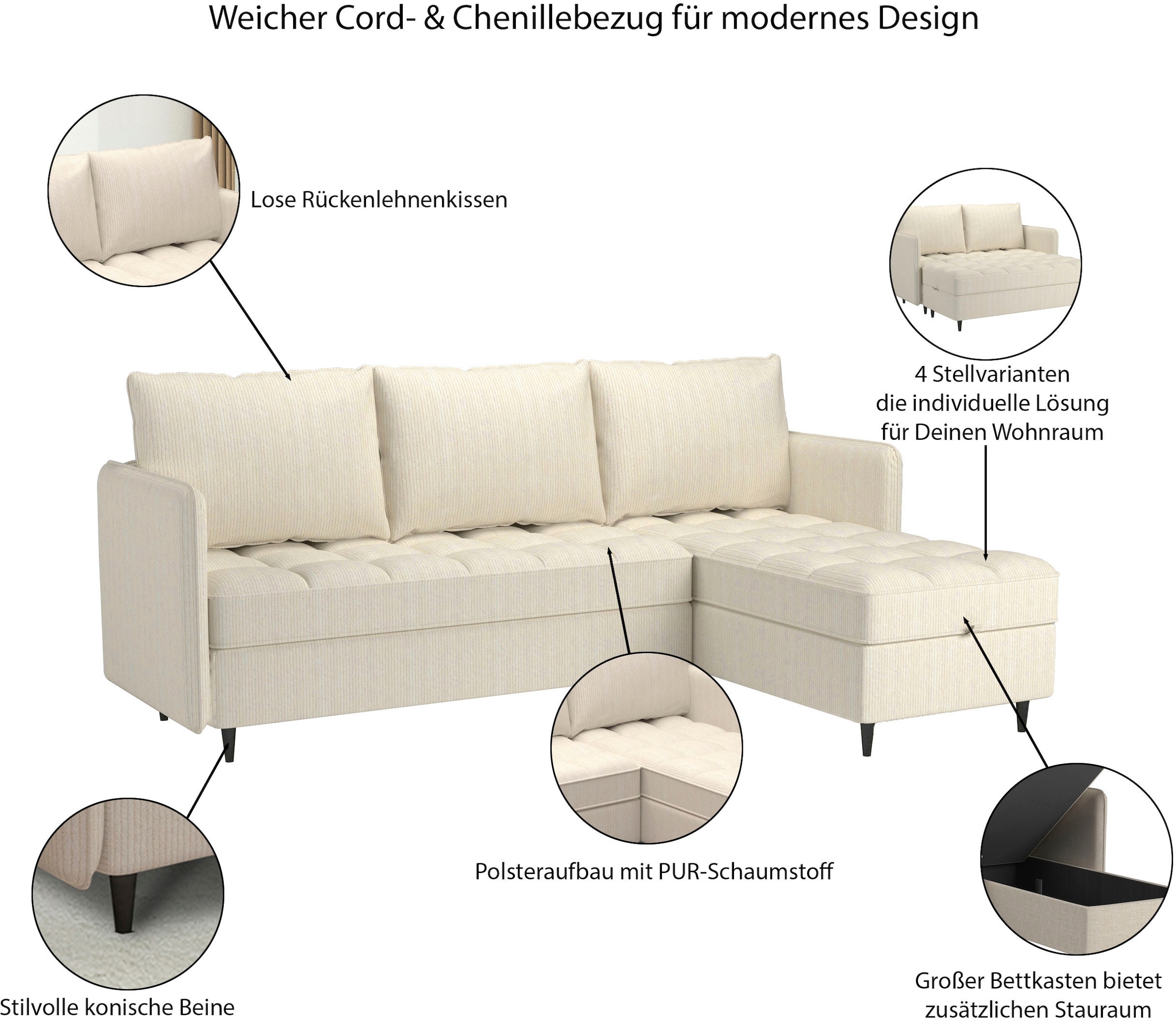 Dorel Home Ecksofa »LINDHUS, L-Form, verschiedene Stellvarianten, Schlaf-Liege«, Modulsofa, Recamiere, großer Bettkasten, Cord, Chenille