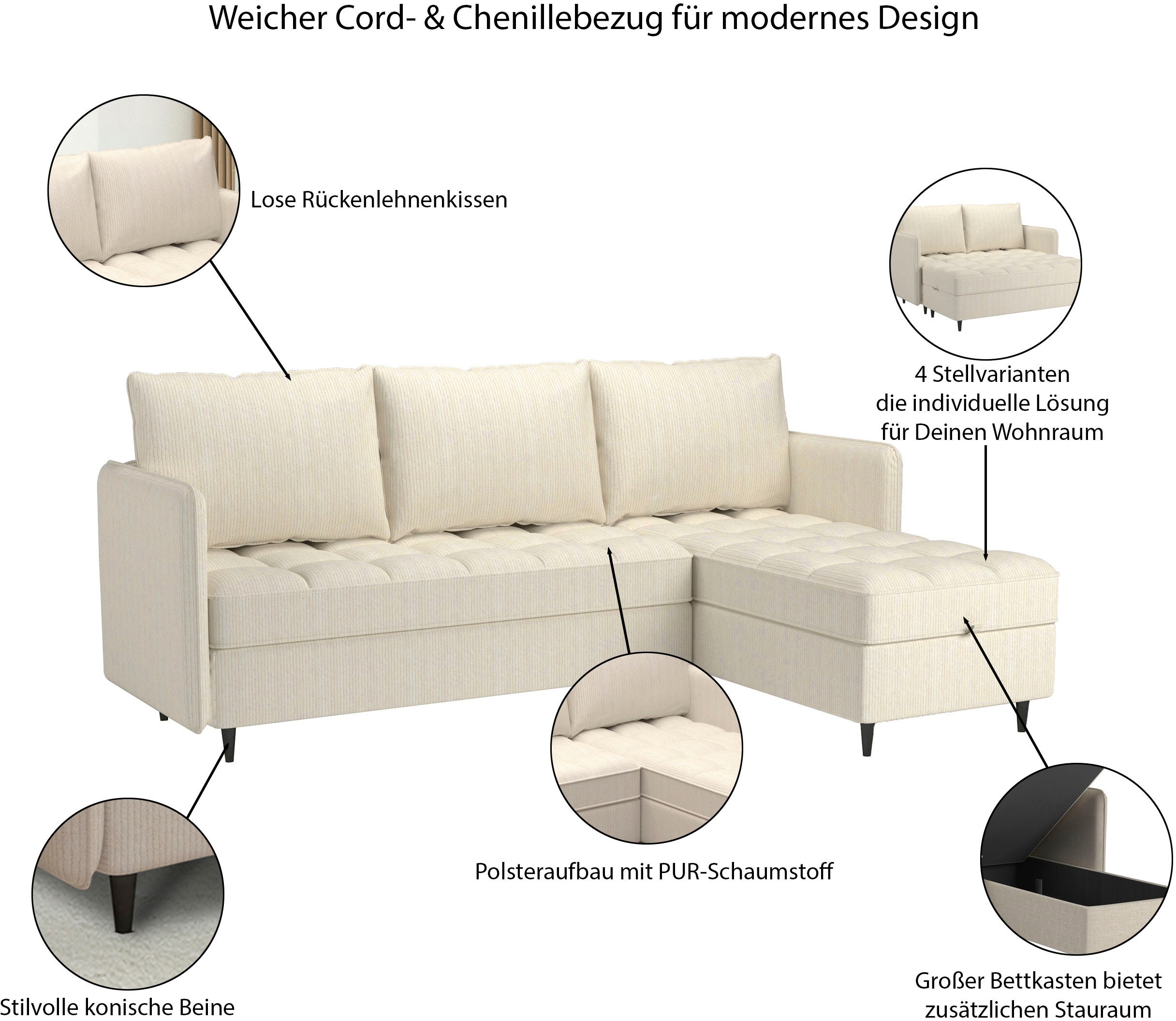 Thumbnail - Dorel Home Ecksofa "LINDHUS, L-Form, verschiedene Stellvarianten, Schlaf-Liege" Recamiere, großer Bettkasten, Cord, Chen...