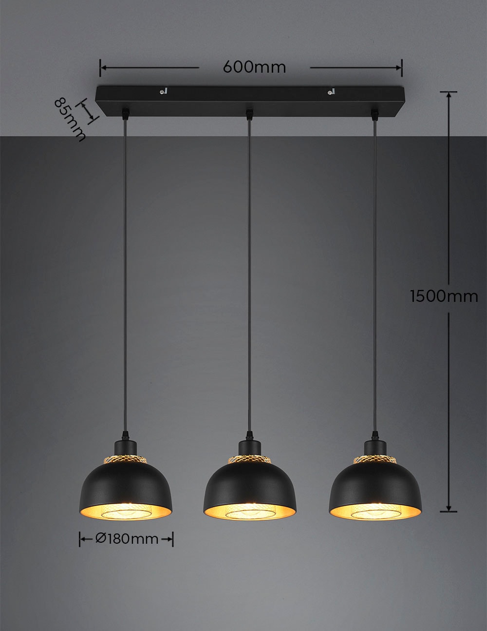 TRIO Leuchten Pendelleuchte »Punch«, 3 BAUR Doppelschirm flammig-flammig, max 40W exkl 3xE27 Industrie-Look mit | 3-flg, schwarz-gold