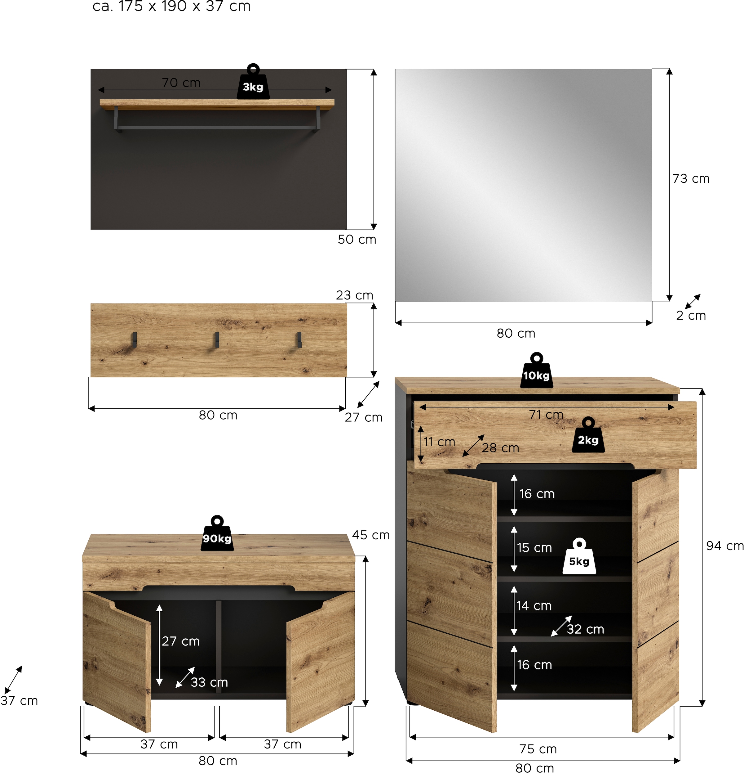 INOSIGN Garderoben-Set »REHAT, TOPSELLER!, 5-teilig, Breite 175cm, individuell stellbar«, (4 St.), Garderobenkombination, Kombination, Diele, Garderobe, Garderobenmöbel