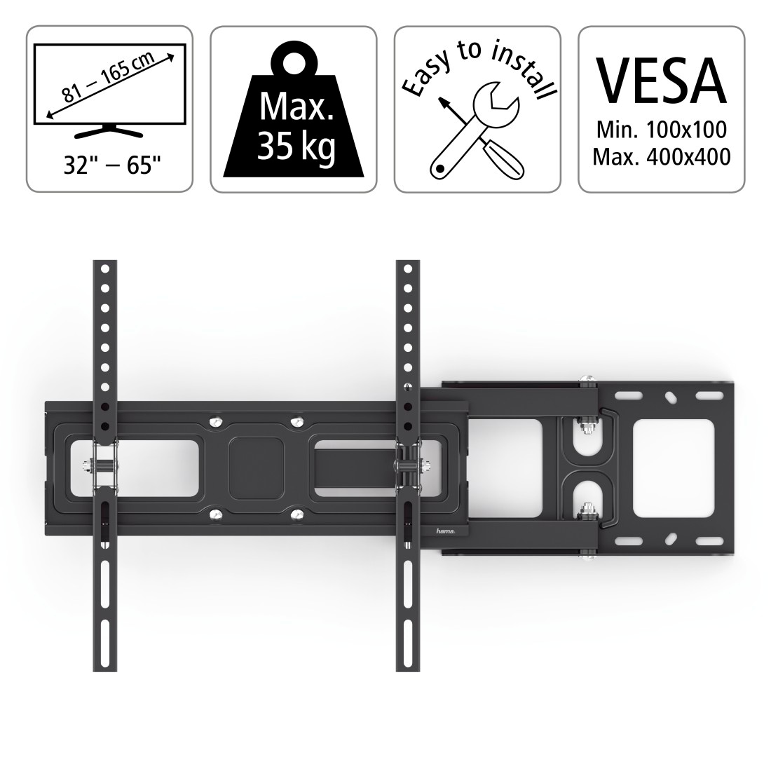 Hama TV-Wandhalterung »Wand Halterung universal für Fernseher, 32 43 50 55 65 Zoll, bis 35 kg«, bis 165 cm Zoll, ausziehbar, schwenkbar, neigbar, einfache Montage, TV Halter bis 65"