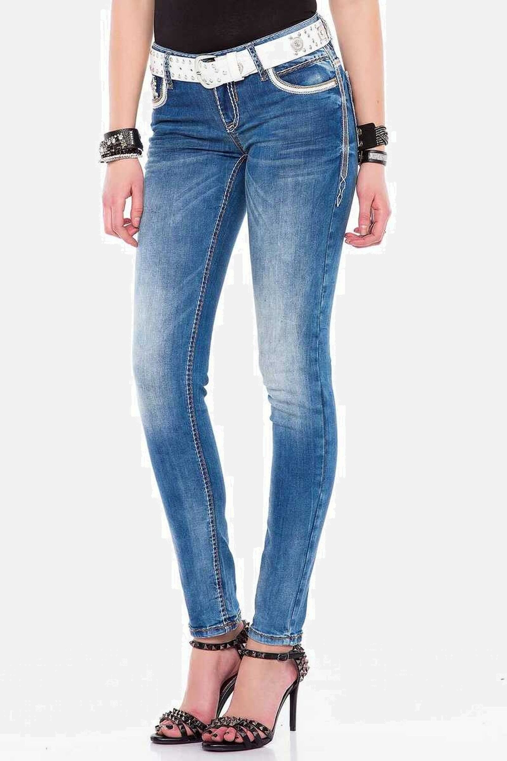 Slim-fit-Jeans CIPO & BAXX "Jeans", Damen, Gr. 29, Länge 32, blau, 93% Baumwolle, 5% Polyester, 2% Elasthan, unifarben, Basic, slim fit lang, Jeans Slim-fit-Jeans, mit Stickereien auf den Gesäßtaschen, WD343 3